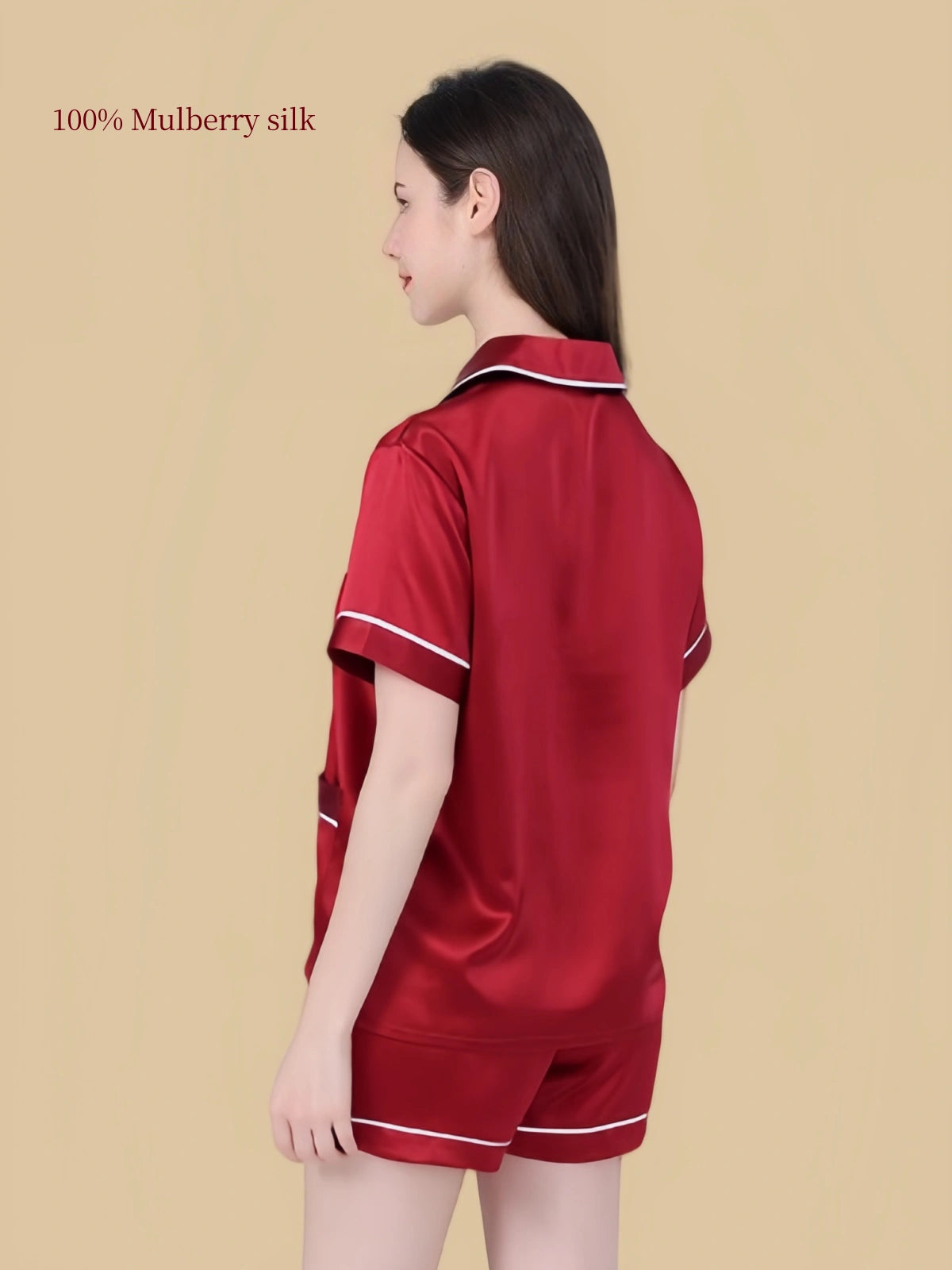 Back view of Silkgala 25 Momme silk lounge short set in Burgundy with contrast-trimmed collar, sleeves and shorts