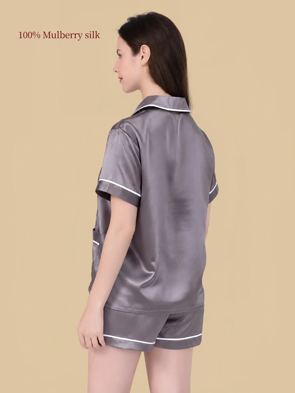 Back view of Silkgala 25 Momme silk lounge short set in Dark Gray with contrast piping details