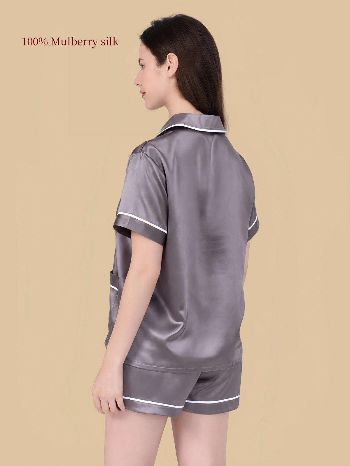 Back view of Silkgala 25 Momme silk lounge short set in Dark Gray with contrast piping details