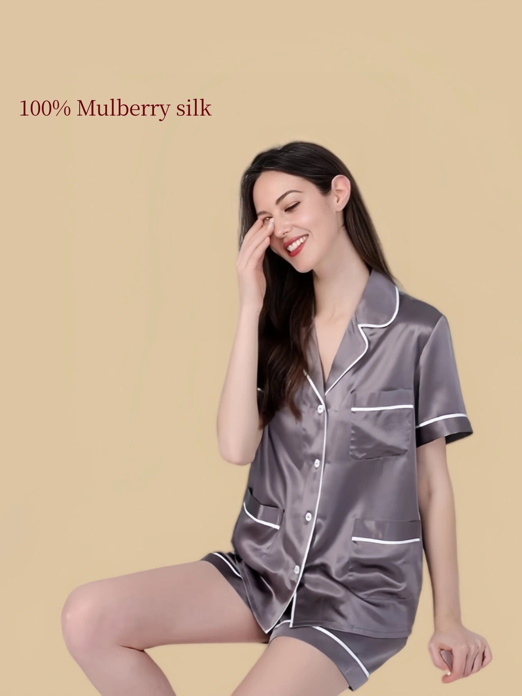 Silkgala 25 Momme silk lounge short set in Dark Gray, front view with notched collar, white piping and three pockets