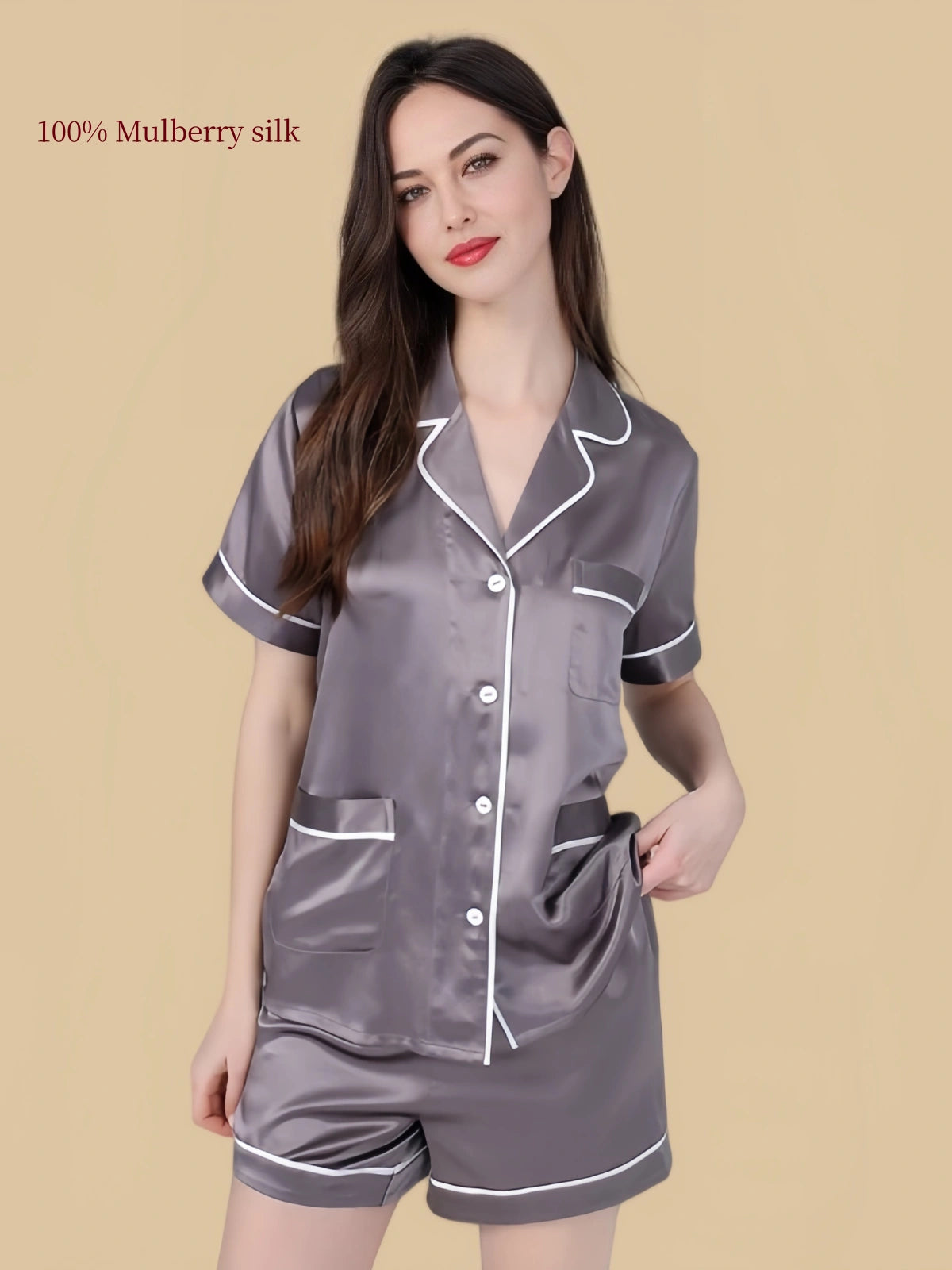 Silkgala 25 Momme silk lounge short set in Dark Gray showing the short-sleeve shirt and coordinating elastic-waist shorts
