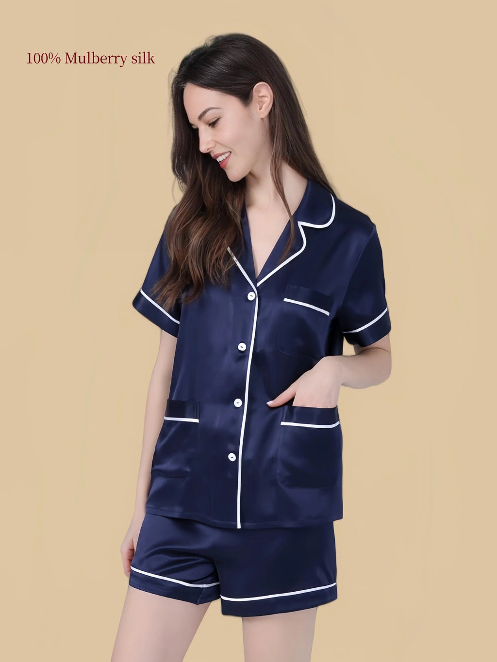 Silkgala 25 Momme silk lounge short set in Navy Blue, angled front view showing the button shirt and matching shorts
