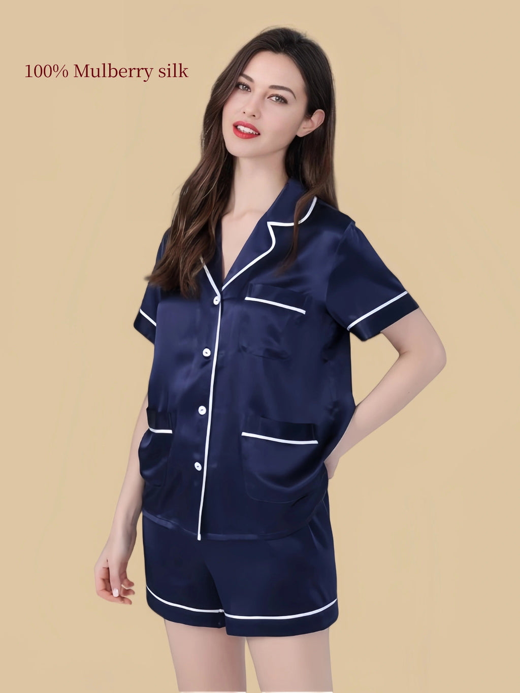 Silkgala 25 Momme silk lounge short set in Navy Blue, front view with notched collar, contrast piping and three patch pockets