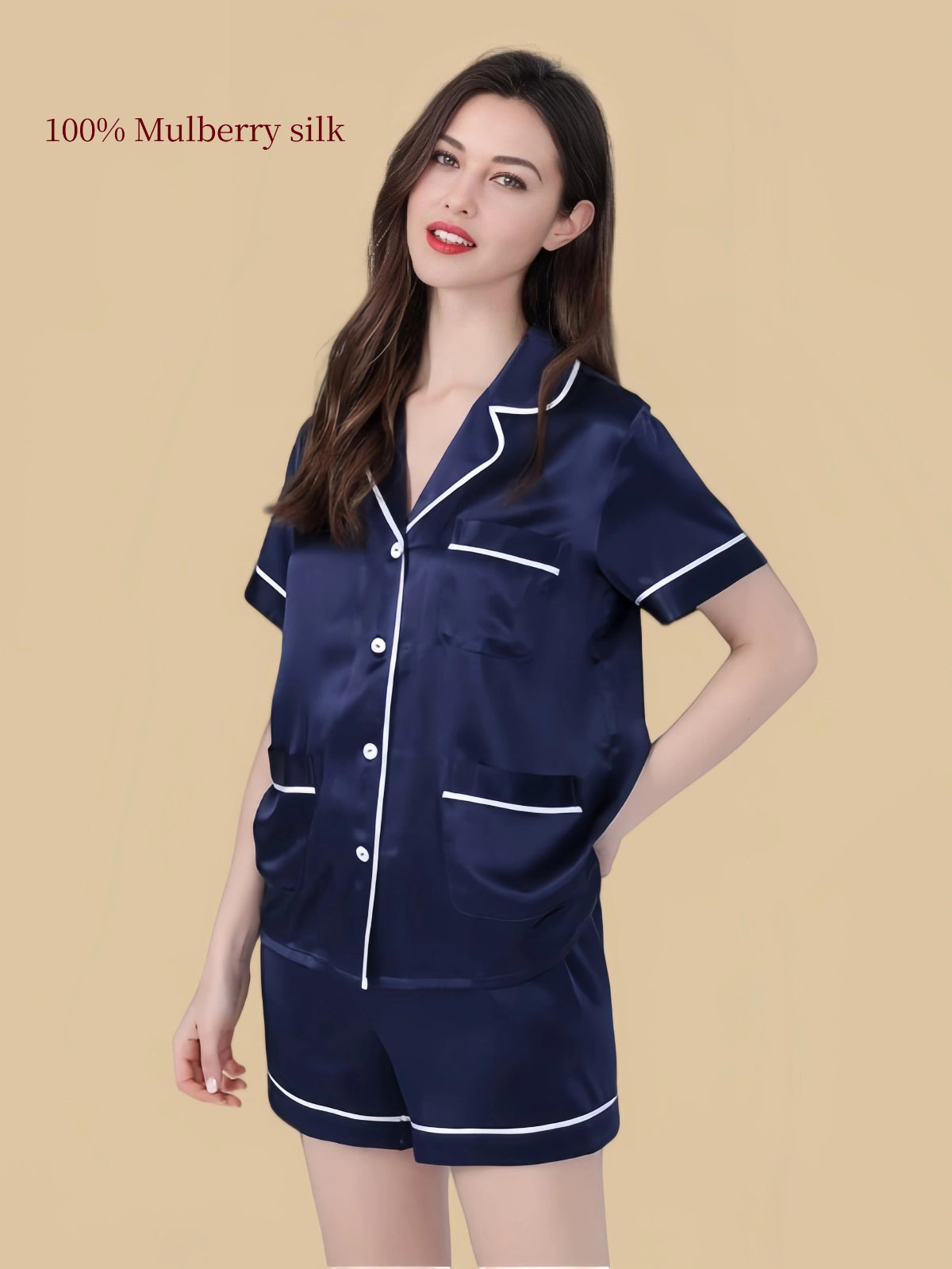 Silkgala 25 Momme silk lounge short set in Navy Blue, front view with notched collar, contrast piping and three patch pockets