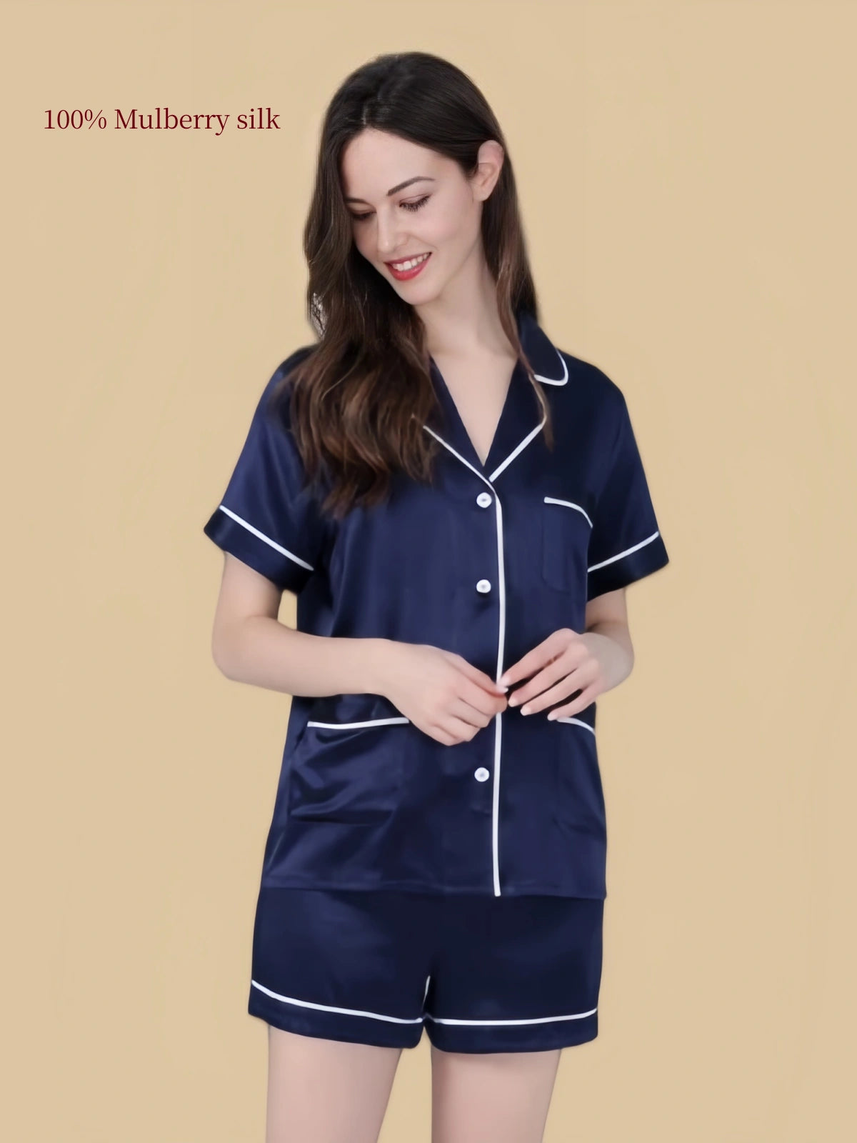 Silkgala 25 Momme silk lounge short set in Navy Blue with notched collar, white piping and button-front shirt