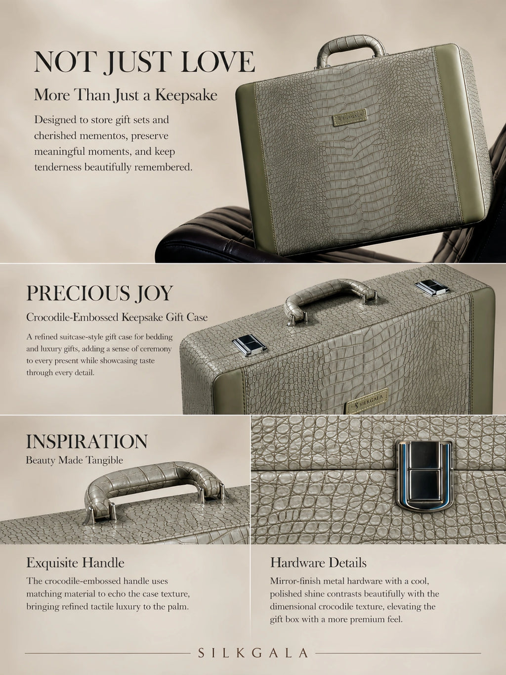 Premium crocodile-embossed keepsake gift case with polished hardware for the Silkgala 30 momme bedding set.