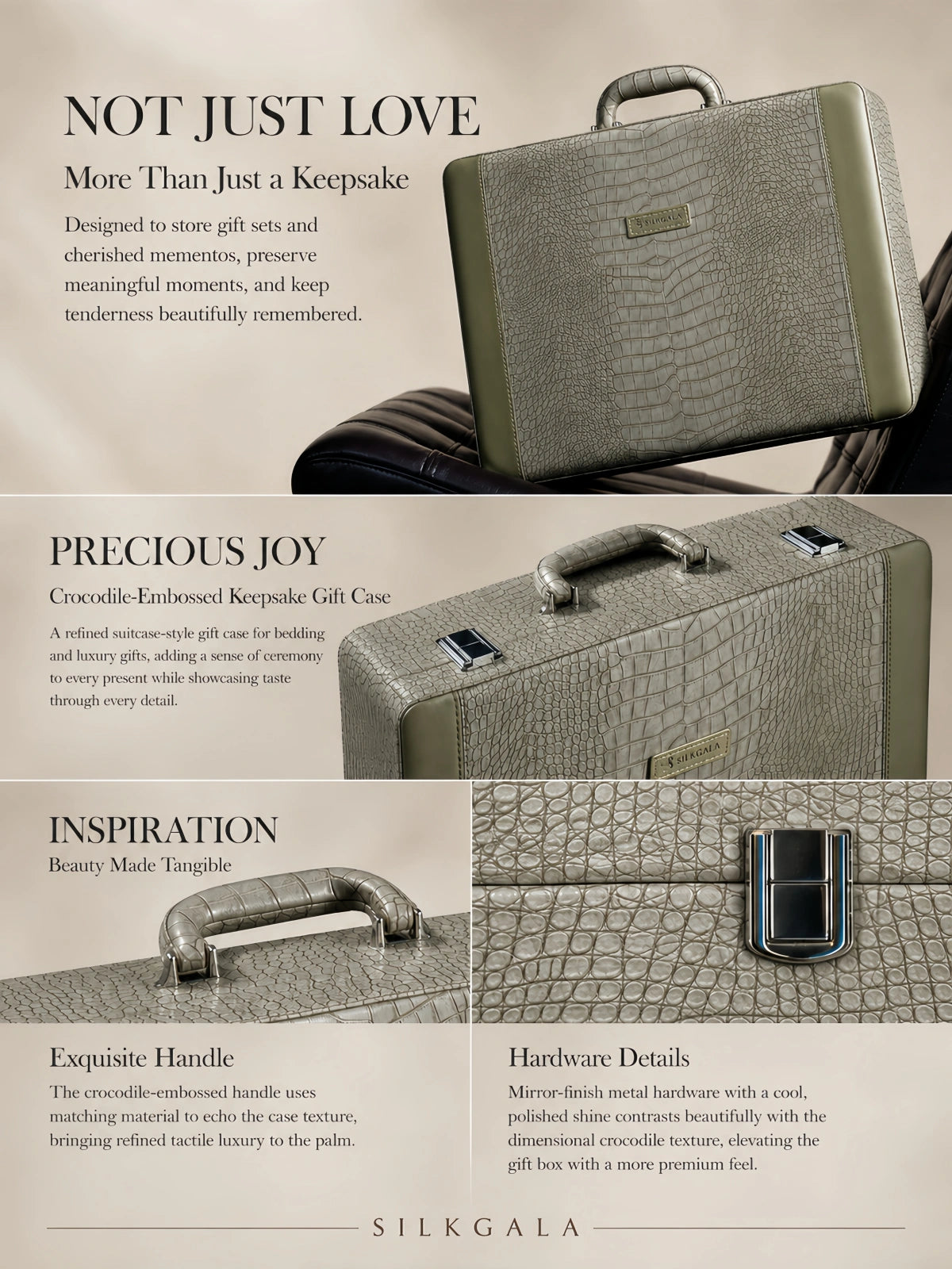 Premium crocodile-embossed keepsake gift case with polished hardware for the Silkgala 30 momme bedding set.