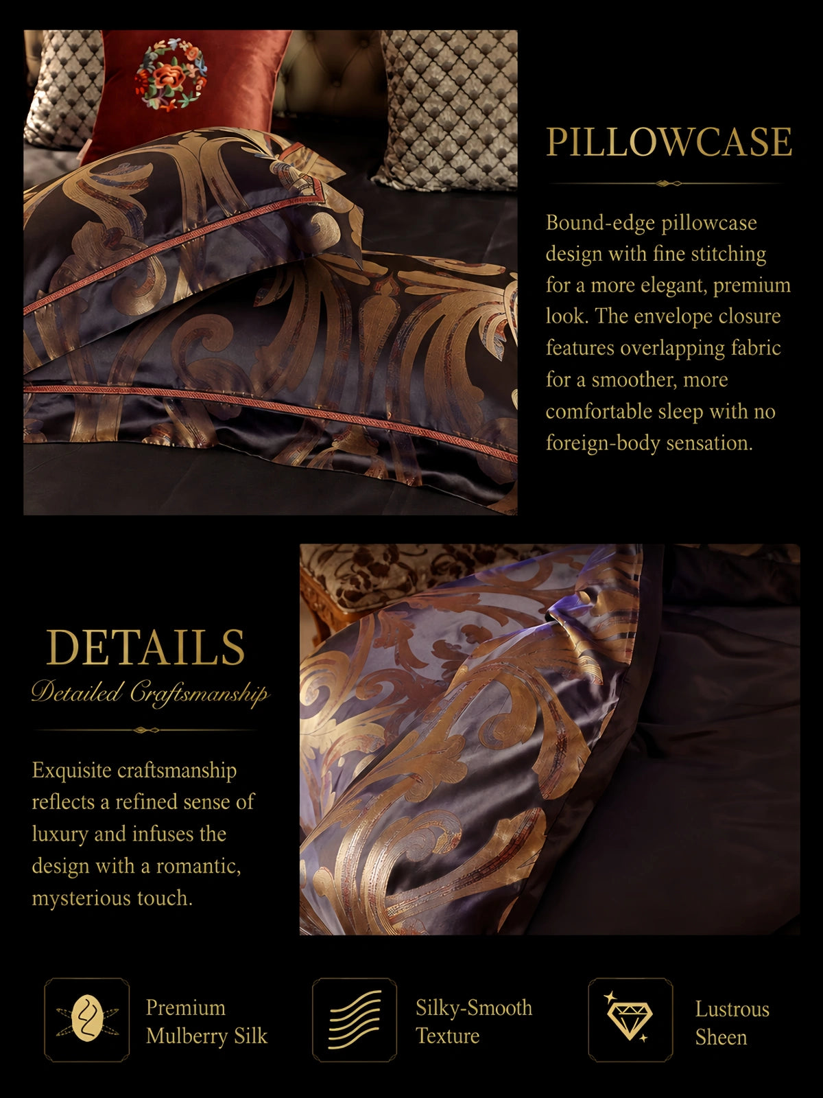 Silkgala 30 Momme European luxury silk pillowcase refined fabric details