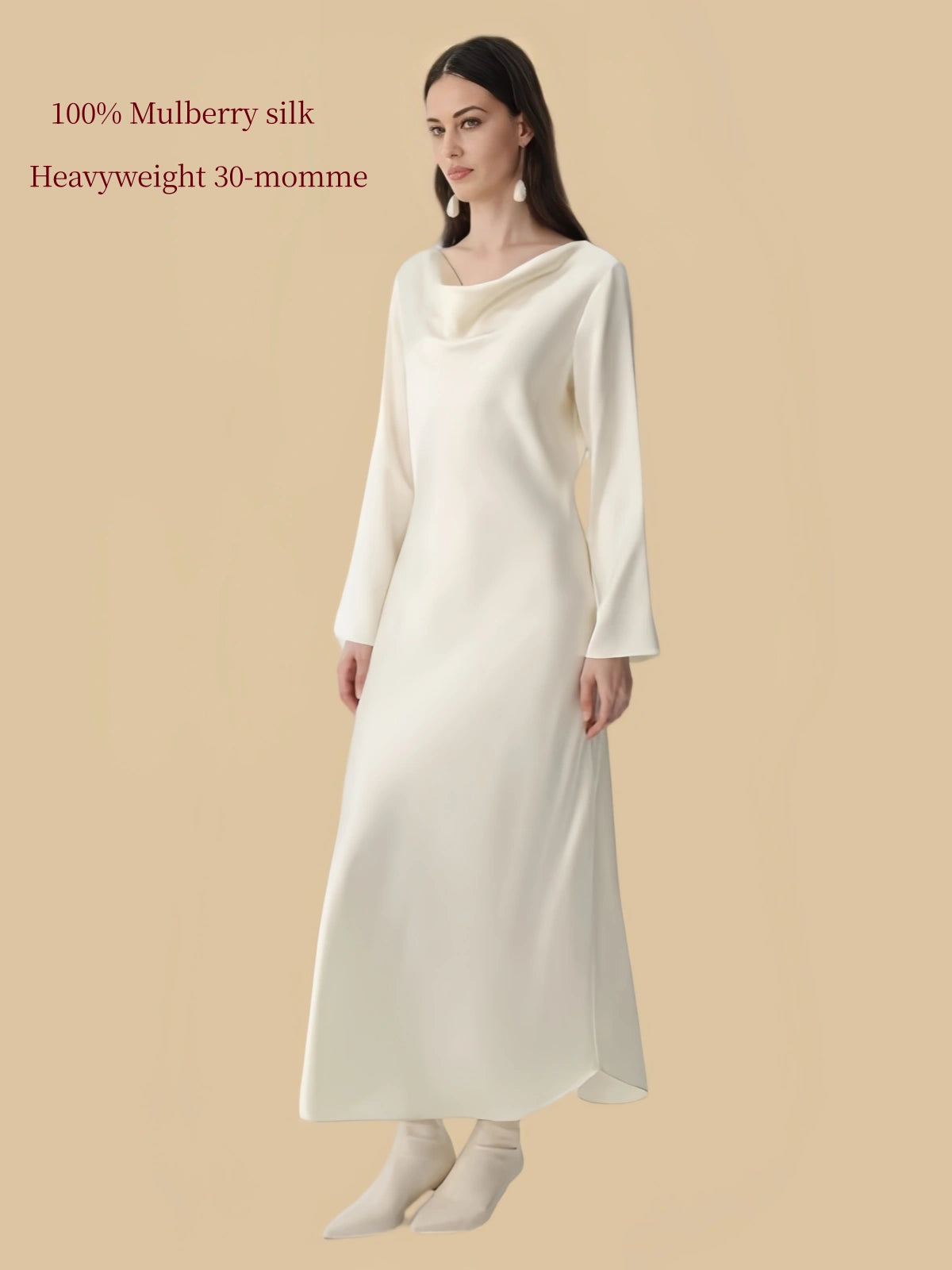 Silkgala 30 momme Ivory White mulberry silk cowl neck dress angled view with long sleeves and curved hem