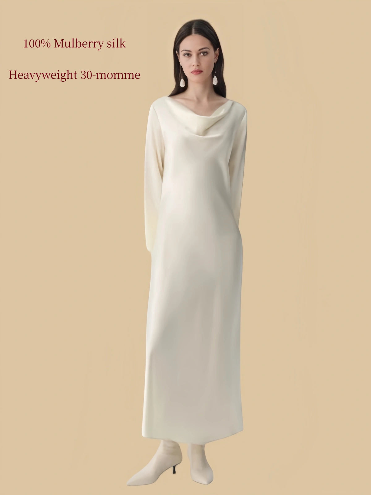 Silkgala 30 momme Ivory White heavyweight silk dress full front view with cowl neckline and fluid silhouette