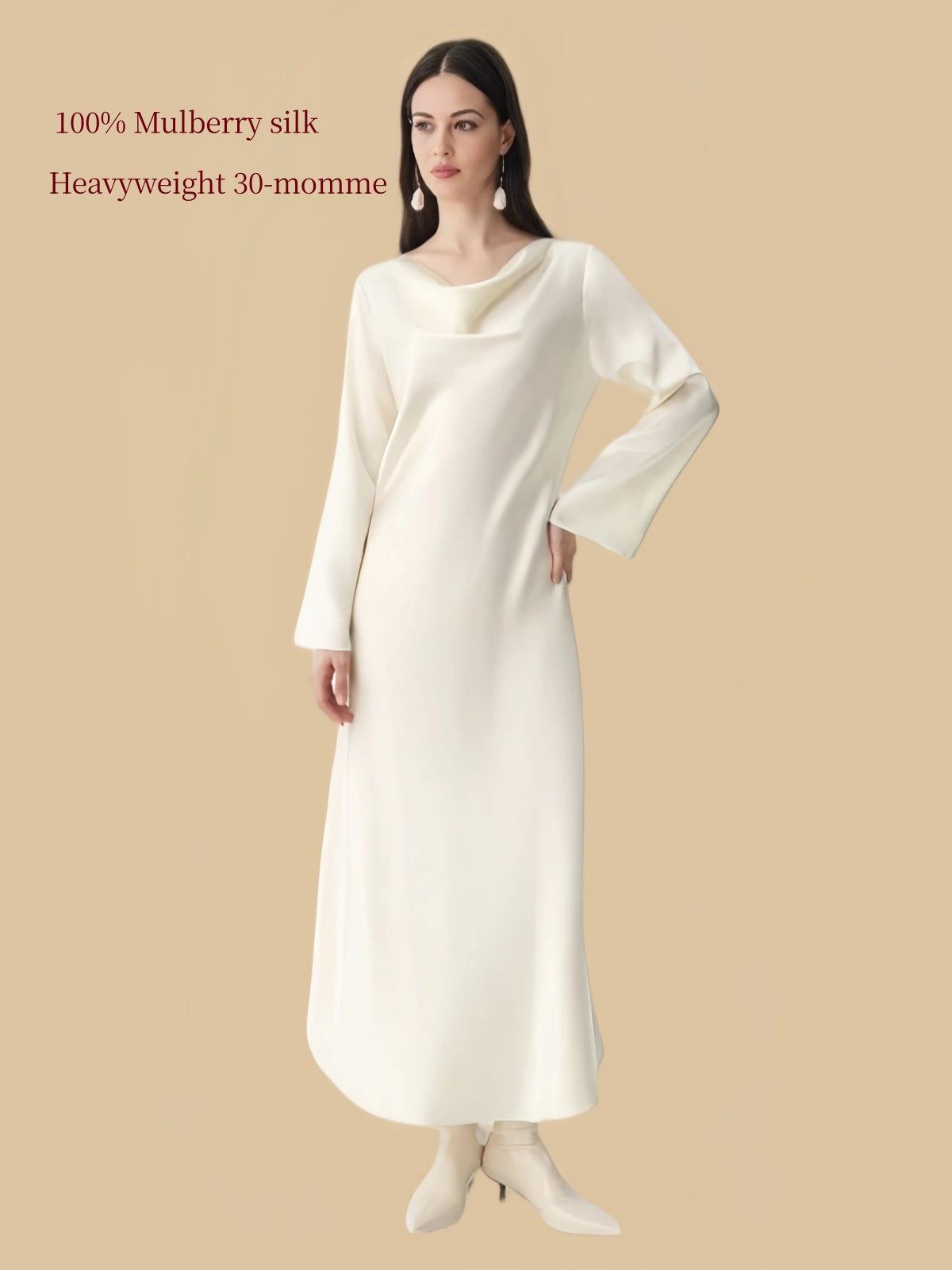 Silkgala 30 momme Ivory White heavyweight mulberry silk lounge dress front view with draped cowl neckline