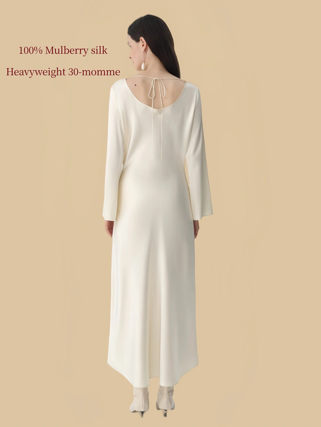 Silkgala 30 momme Ivory White heavyweight mulberry silk dress back view with curved back neckline and tie detail