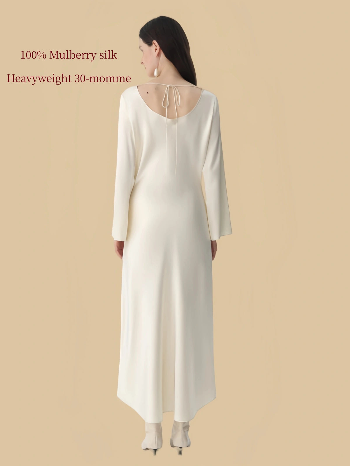 Silkgala 30 momme Ivory White heavyweight mulberry silk dress back view with curved back neckline and tie detail