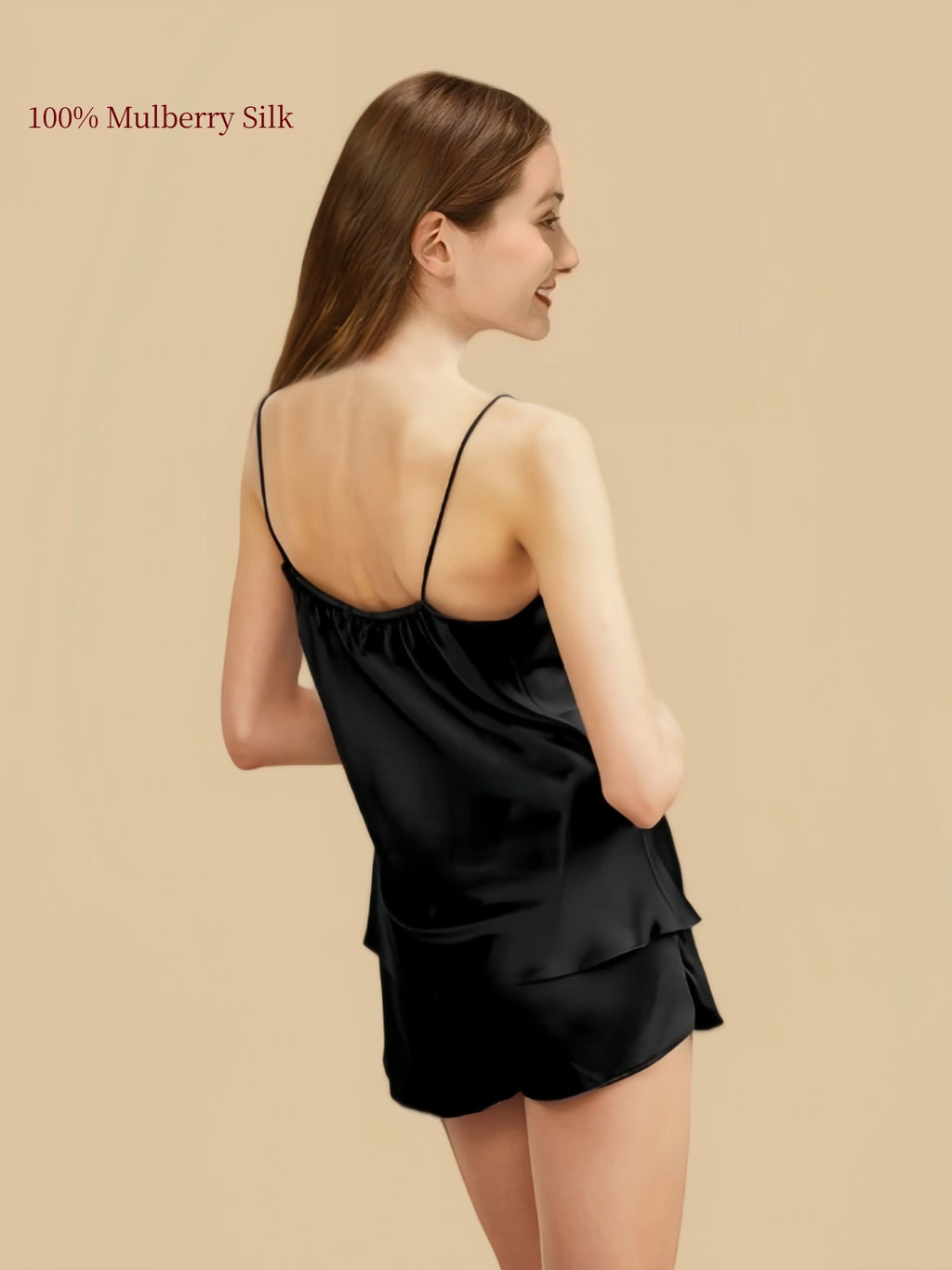 Back view of Black silk camisole and shorts lounge set