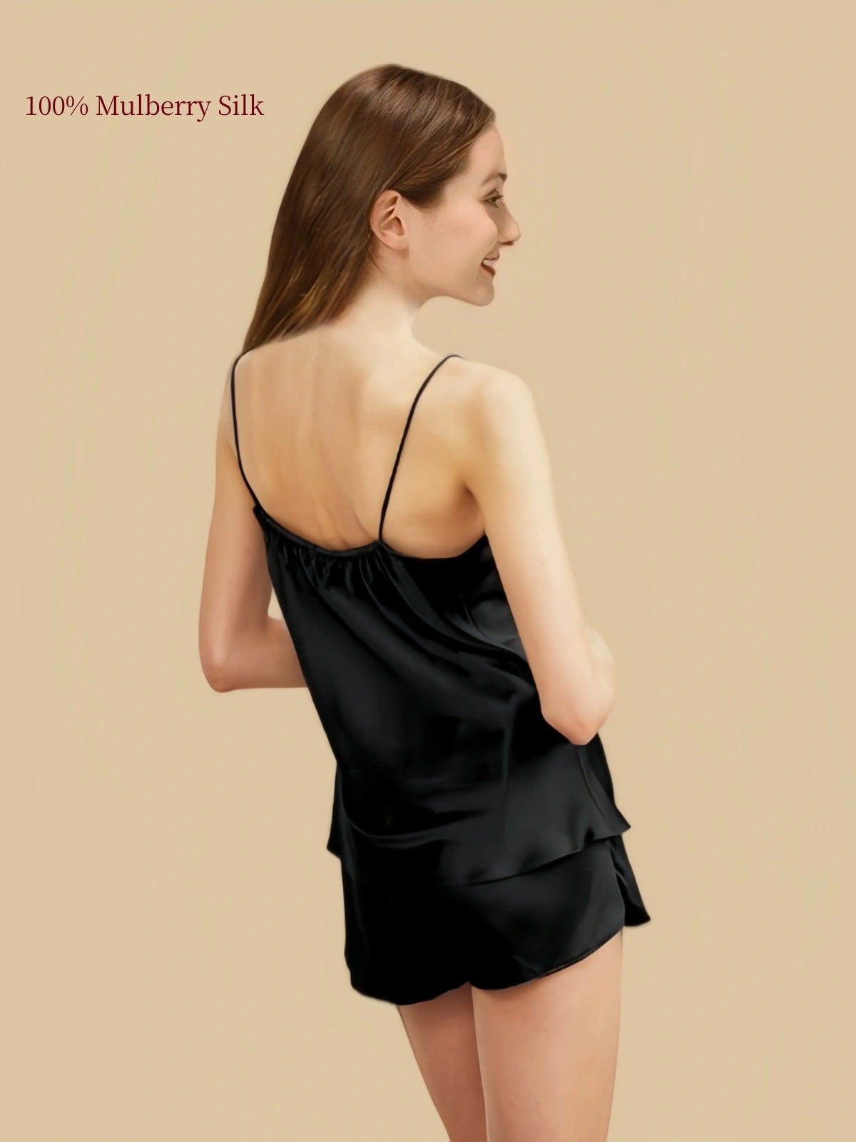 Back view of Black silk camisole and shorts lounge set