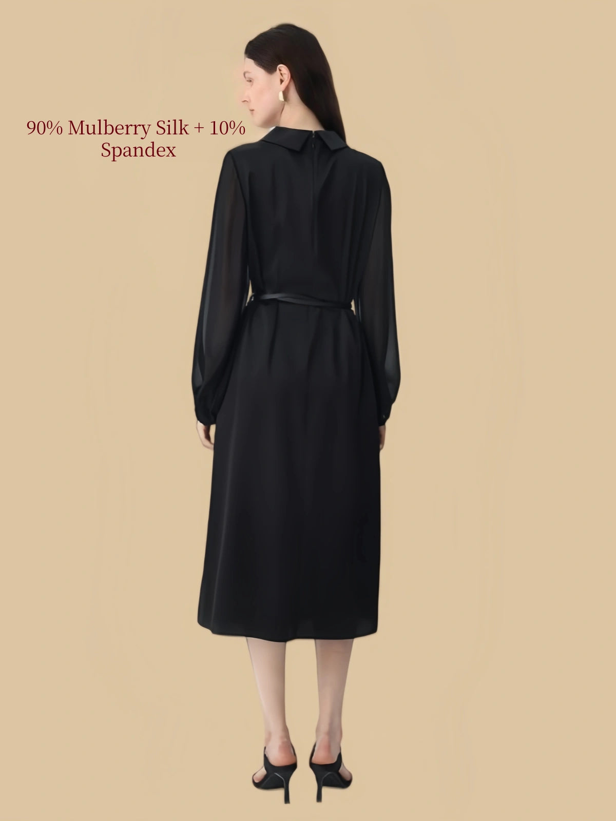 Silkgala black 90% mulberry silk and 10% spandex midi dress back view with long sleeves, waist belt, and concealed back zipper.