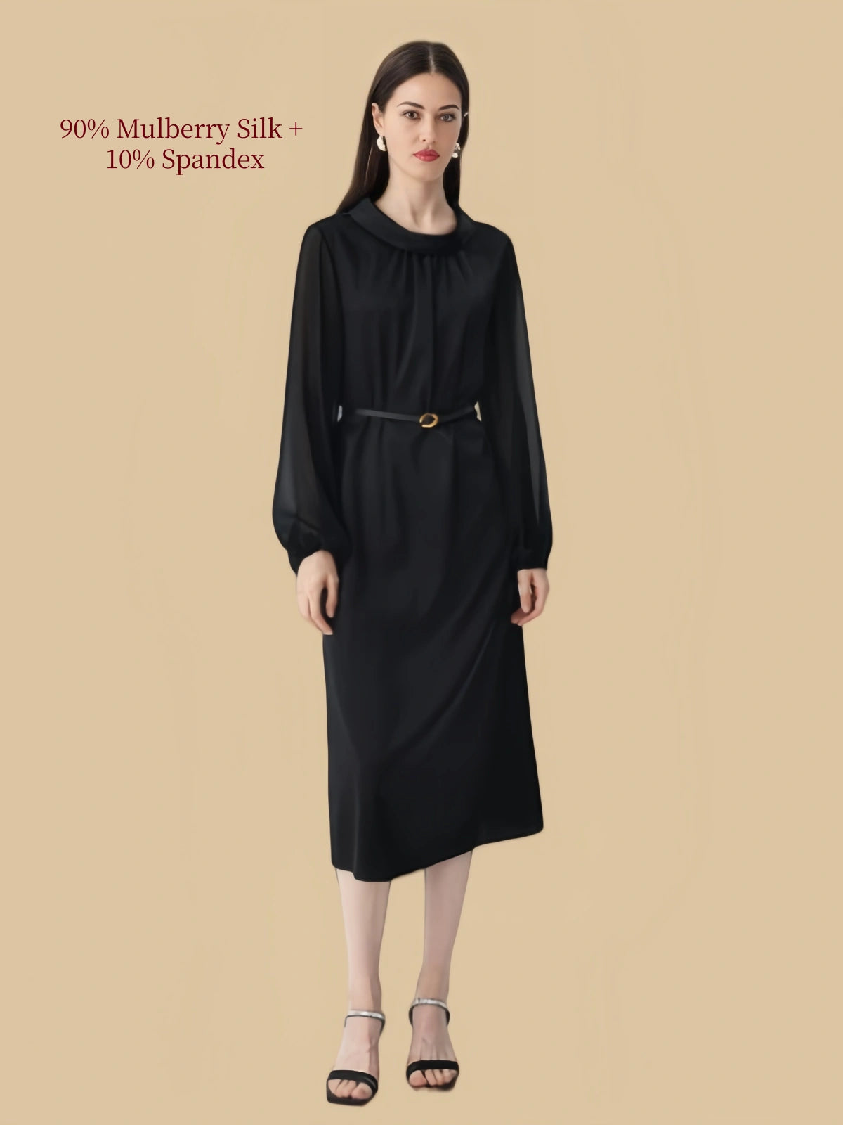 Silkgala black 90% mulberry silk and 10% spandex midi dress front view with round neck, gathered front detail, long sleeves, and slim waist belt.