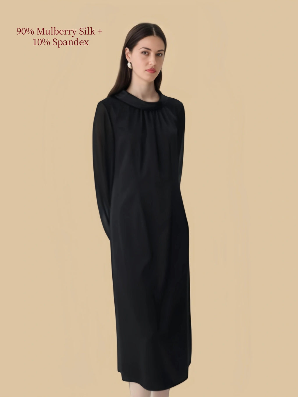 Full front view of Silkgala black 90% mulberry silk and 10% spandex midi dress with round neck, long sleeves, and smooth fluid drape.