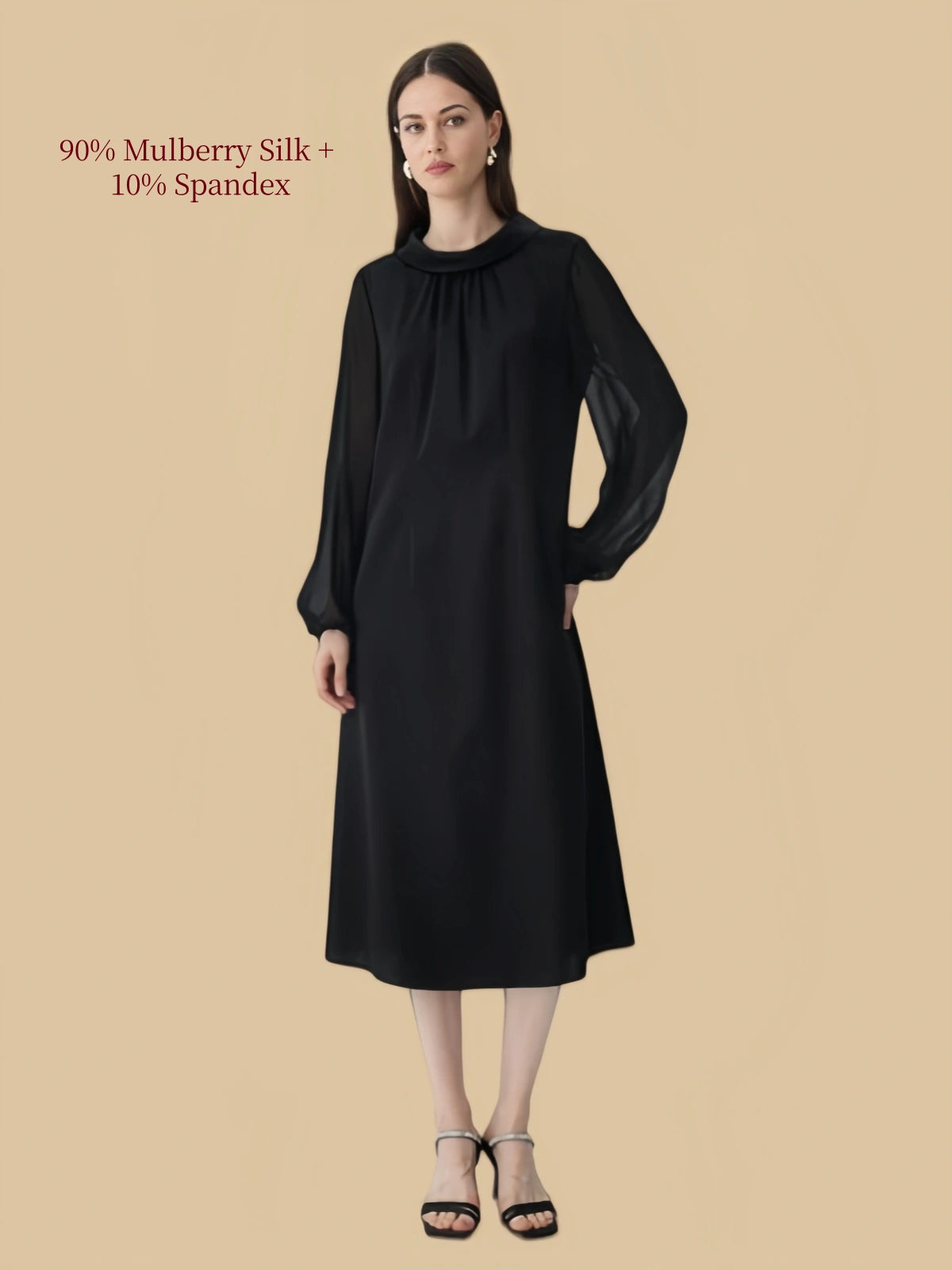 Silkgala black silk blend midi dress in relaxed front view with round neckline, gathered chest detail, long sleeves, and flowing midi length.