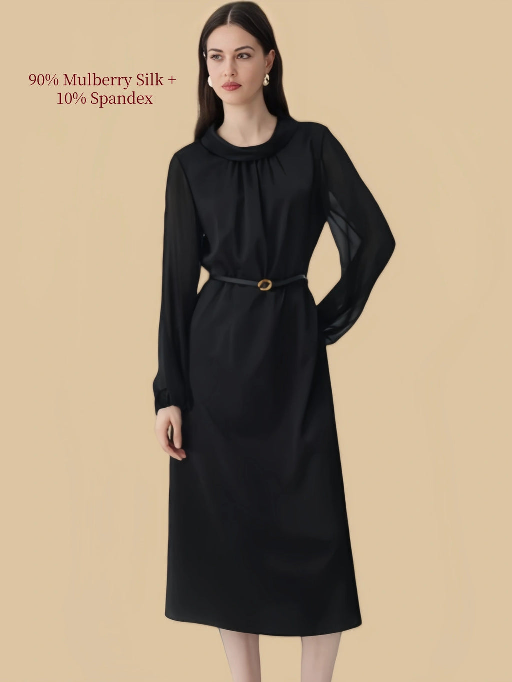 Silkgala black silk blend midi dress featuring a round neckline with gathered front detail, long sleeves, and defined waist belt.