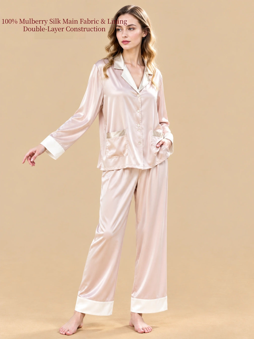 Silkgala Cinnamon Pink 19 Momme double-layer mulberry silk pajama set front view with contrast notched collar, cuffs and front pockets.
