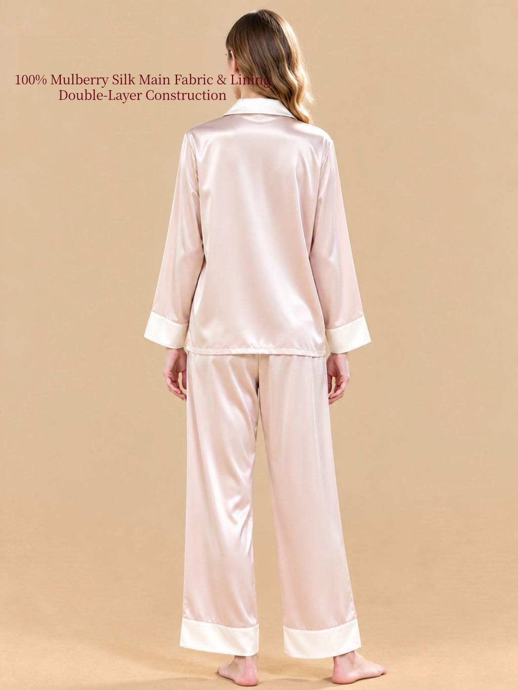 Back view of Silkgala Cinnamon Pink double-layer mulberry silk pajama set with long sleeves and relaxed wide-leg pants.