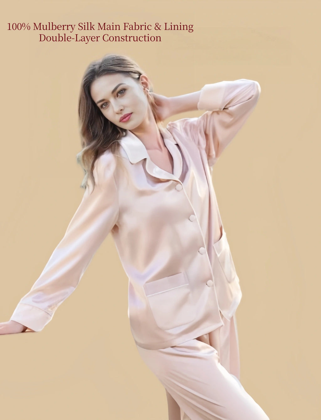 Silkgala Cinnamon Pink double-layer mulberry silk pajama set lifestyle view showing the relaxed top, front pockets and silk drape.