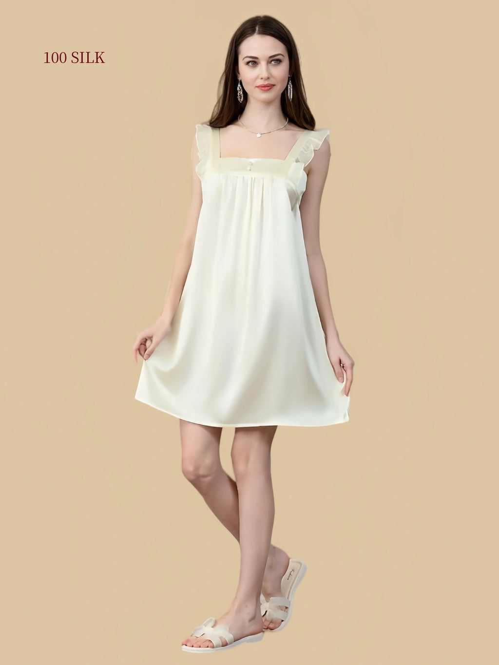 Cream Frost White silk babydoll nightdress front view