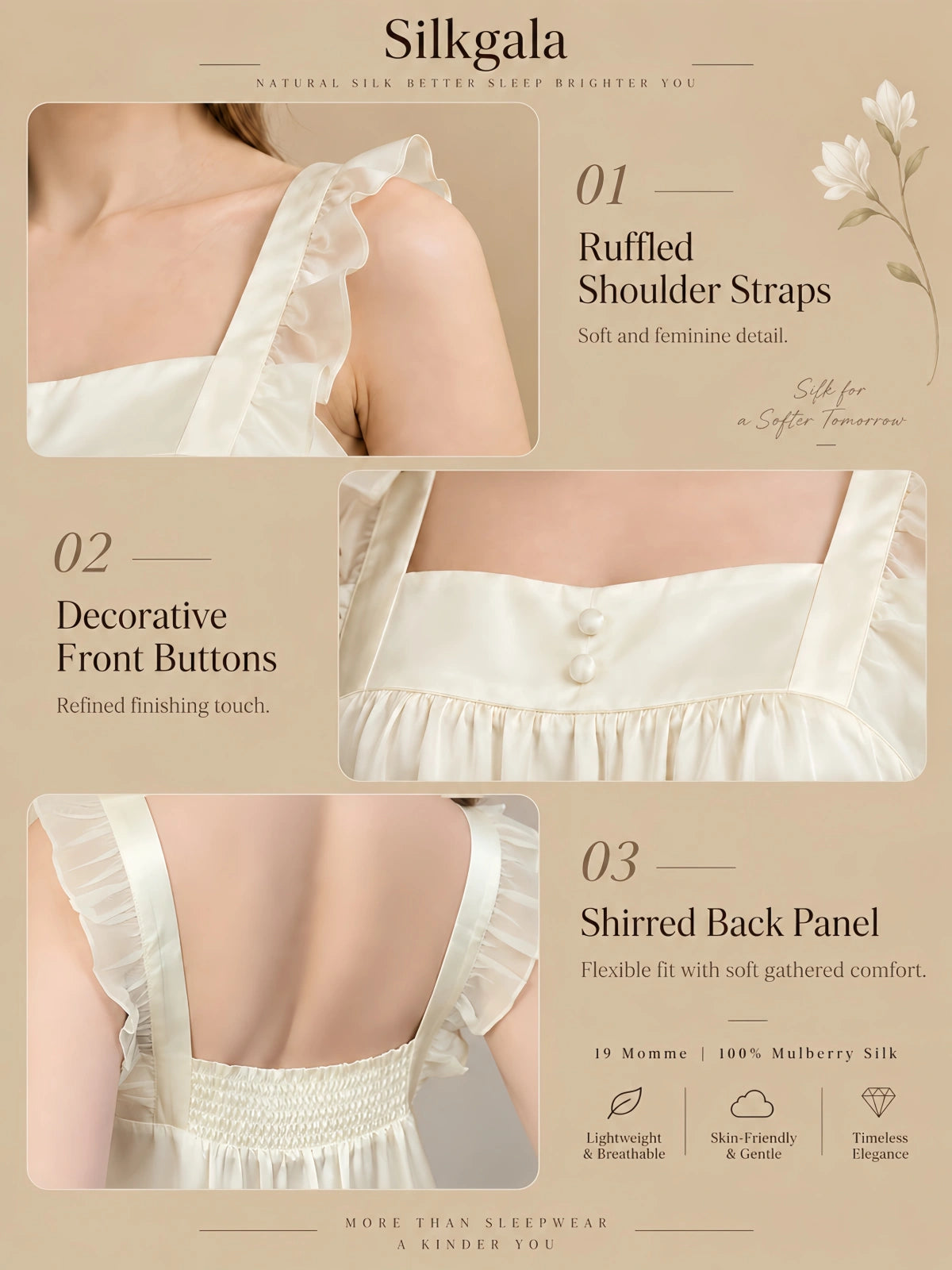 Cream Frost White silk nightdress front detail