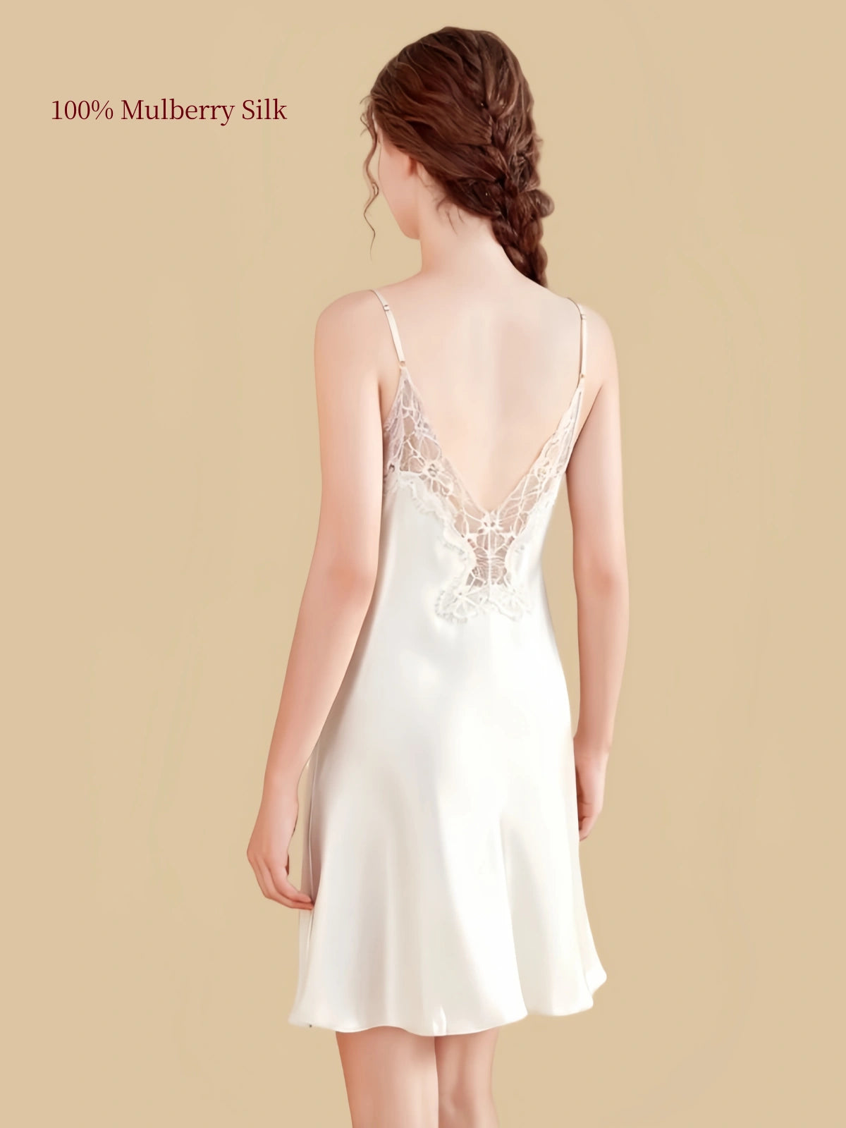 Cream White silk dress V-shaped lace back