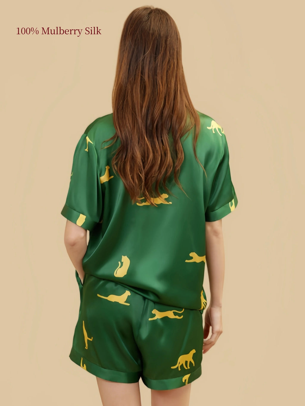 Back view of Dark Green 19 Momme leopard print silk short set