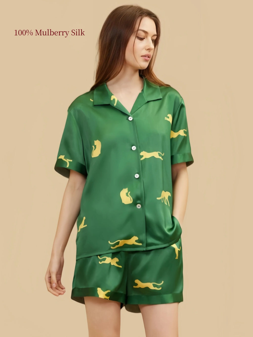 Dark Green 19 Momme leopard print silk shirt and shorts set, front view