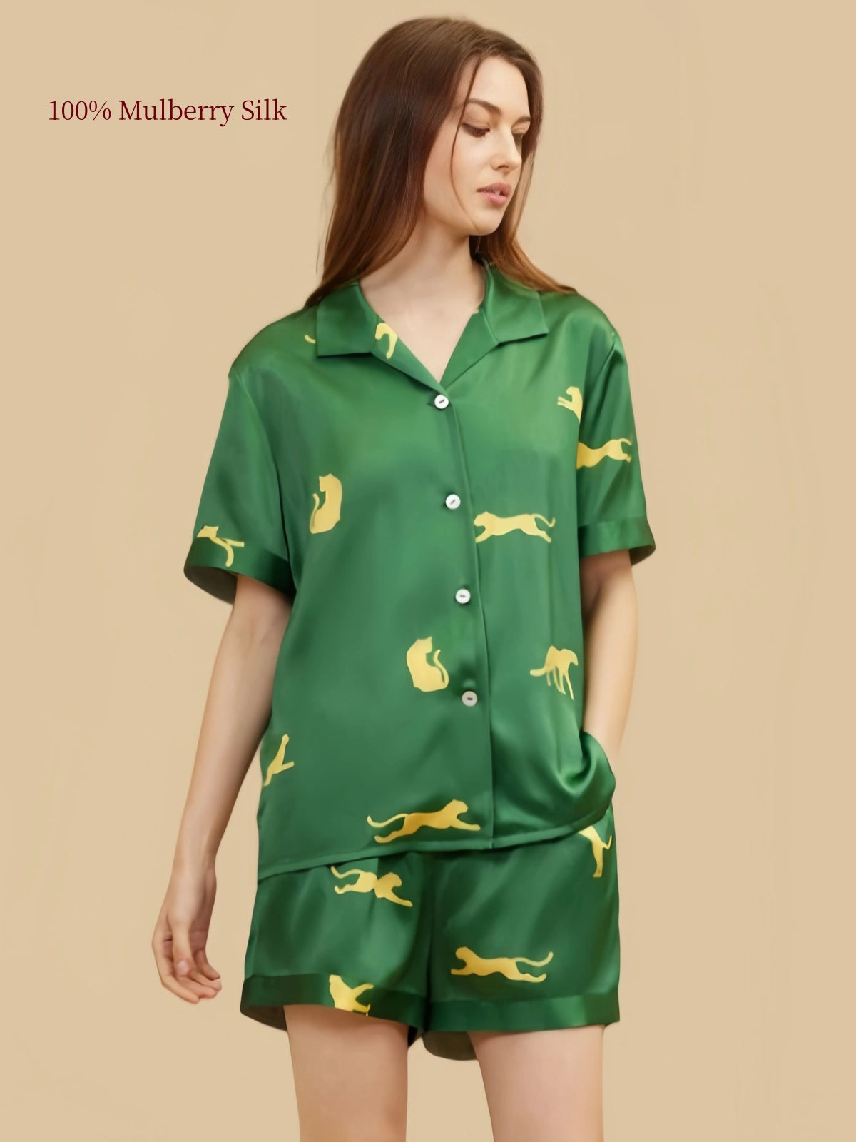 Dark Green 19 Momme leopard print silk shirt and shorts set, front view