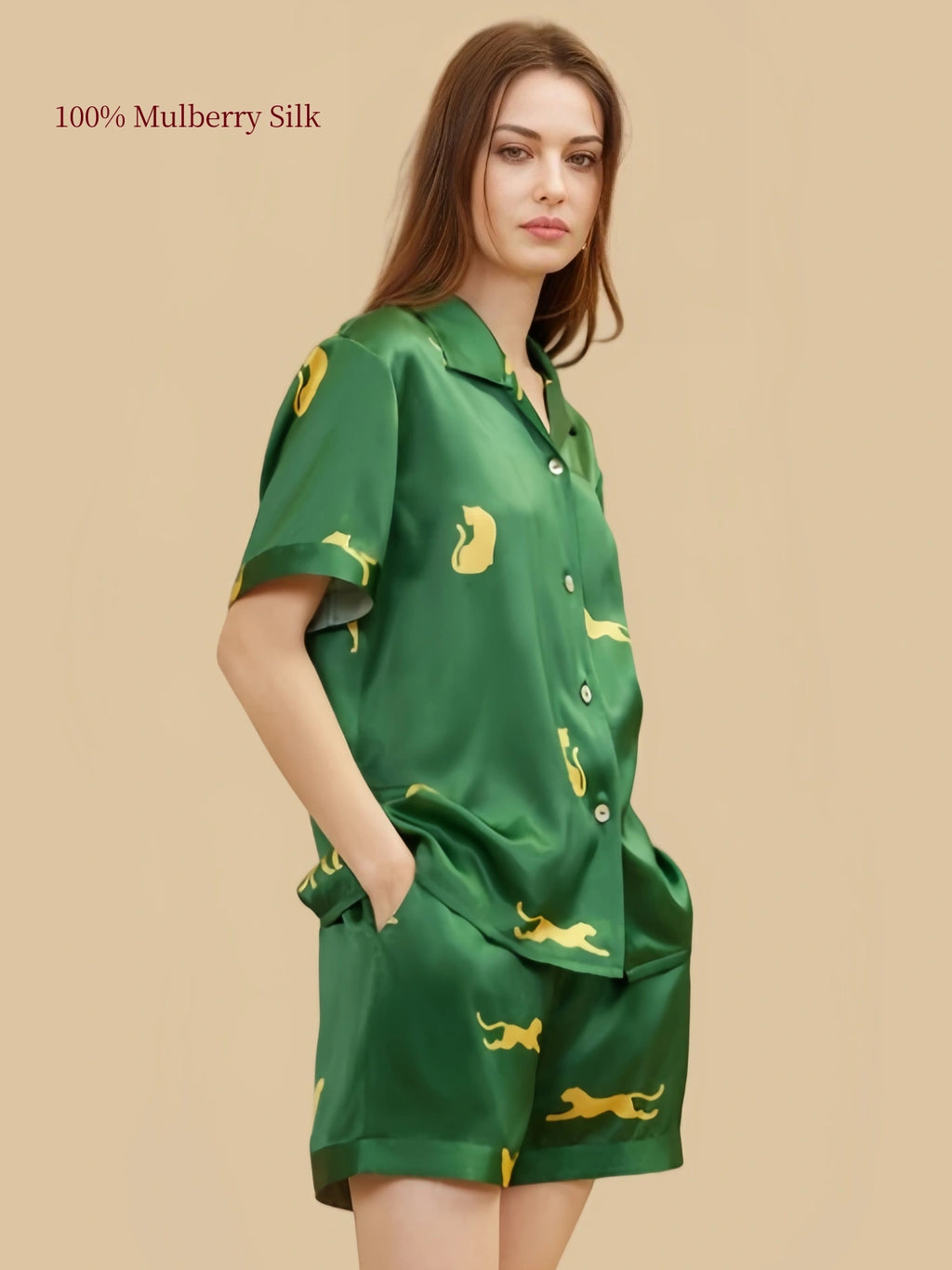 Side view of Dark Green silk short set with shirt collar and leopard motifs