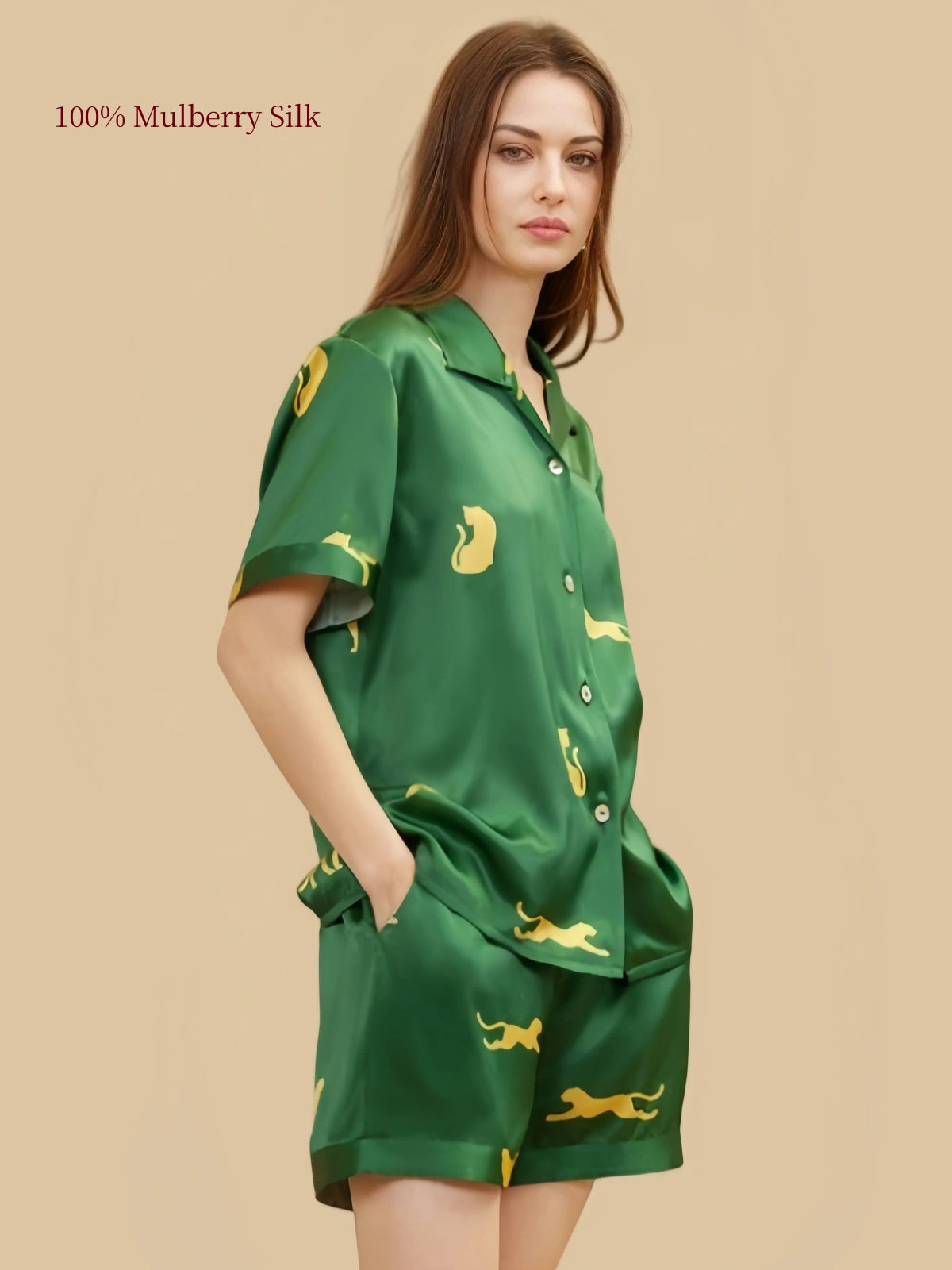 Side view of Dark Green silk short set with shirt collar and leopard motifs