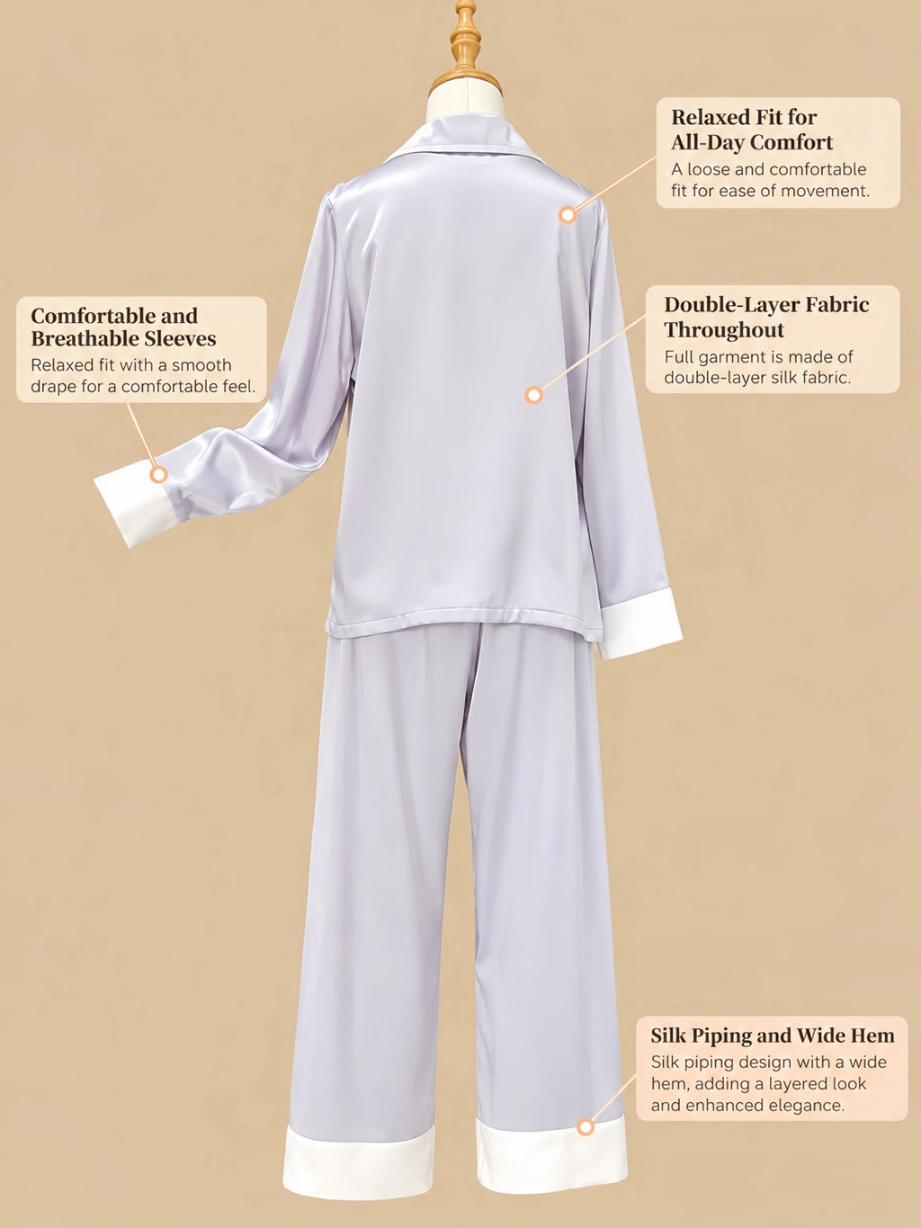 Back design details of Silkgala double-layer mulberry silk pajama set showing relaxed sleeves, full double-layer construction and contrast wide pant hems.