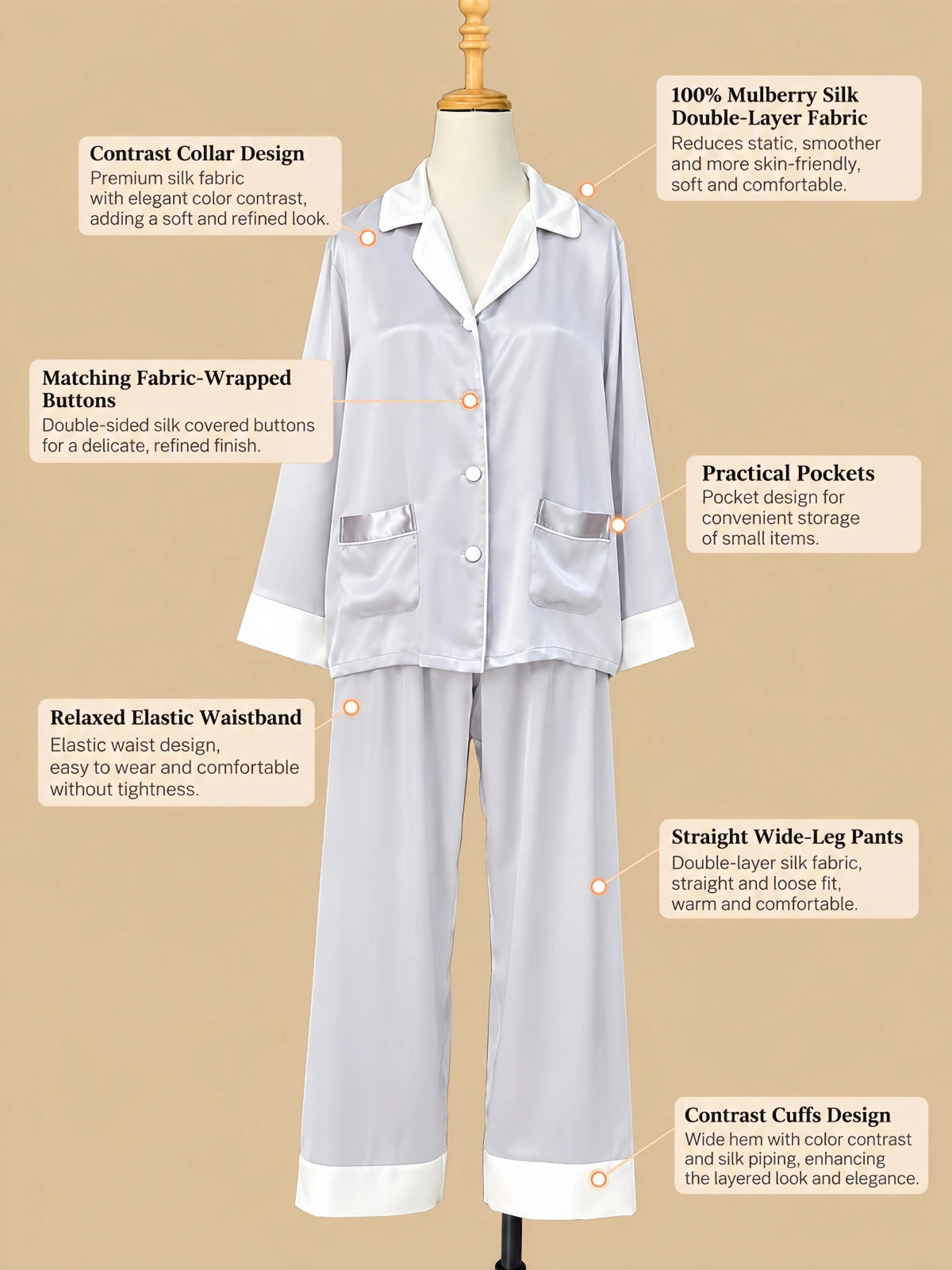 Front design details of Silkgala double-layer mulberry silk pajama set showing contrast collar, fabric-covered buttons, pockets, elastic waist and wide pant hems.