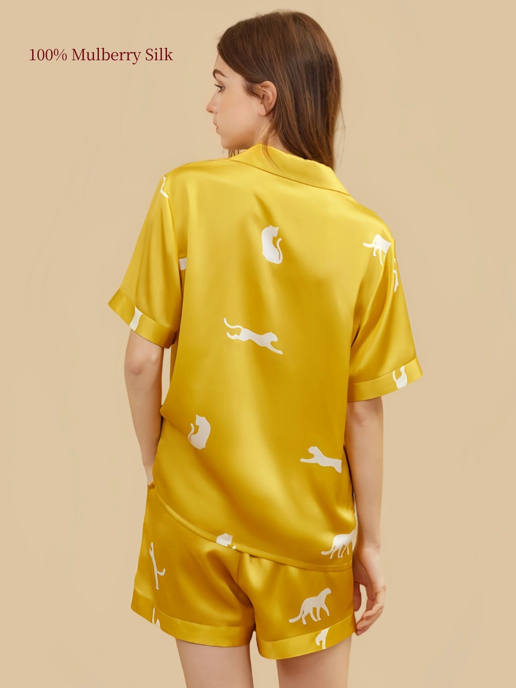 Back view of Gold 19 Momme leopard print silk shirt and shorts set
