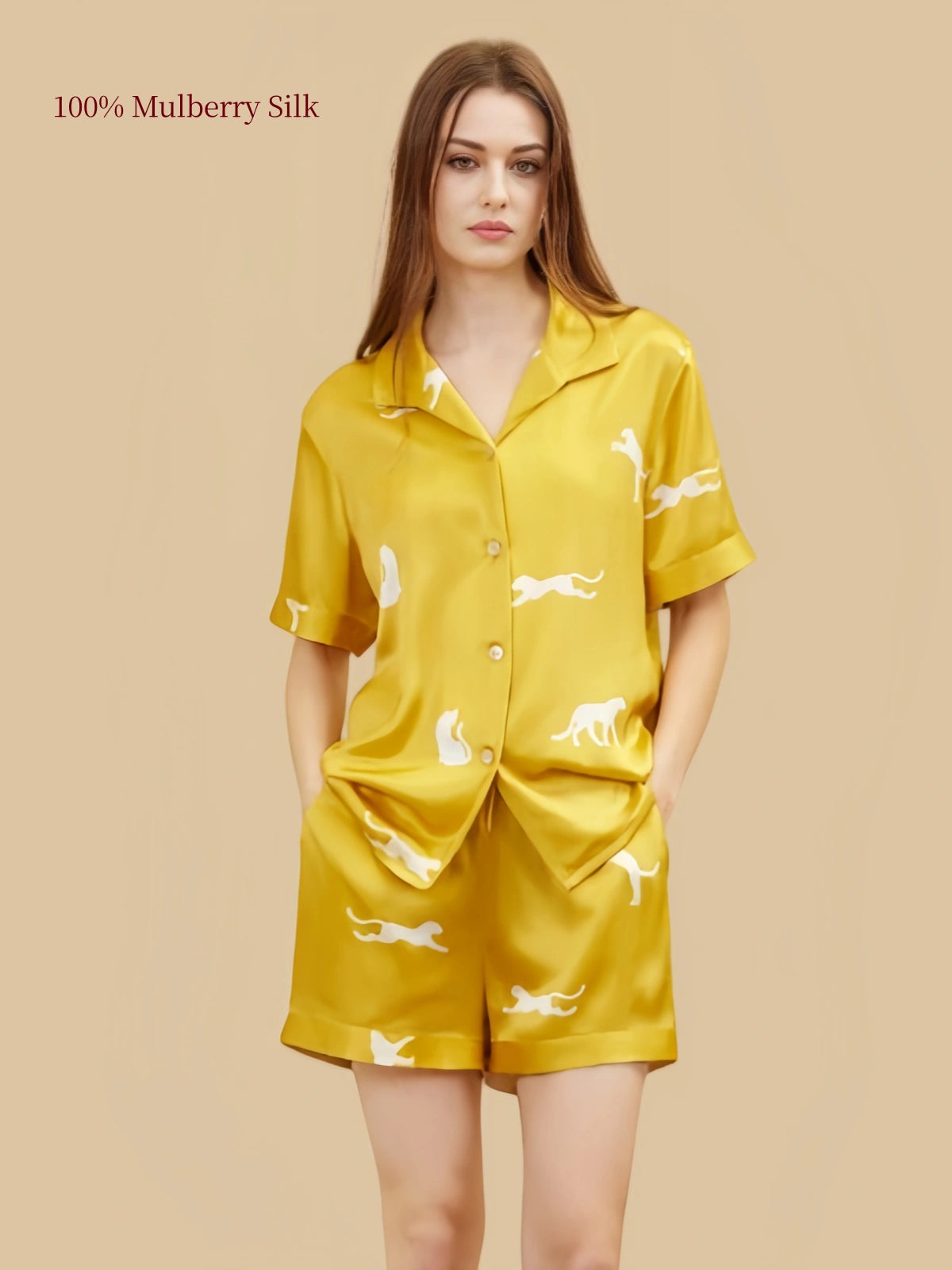 Gold 19 Momme silk shirt and shorts set with leopard motifs