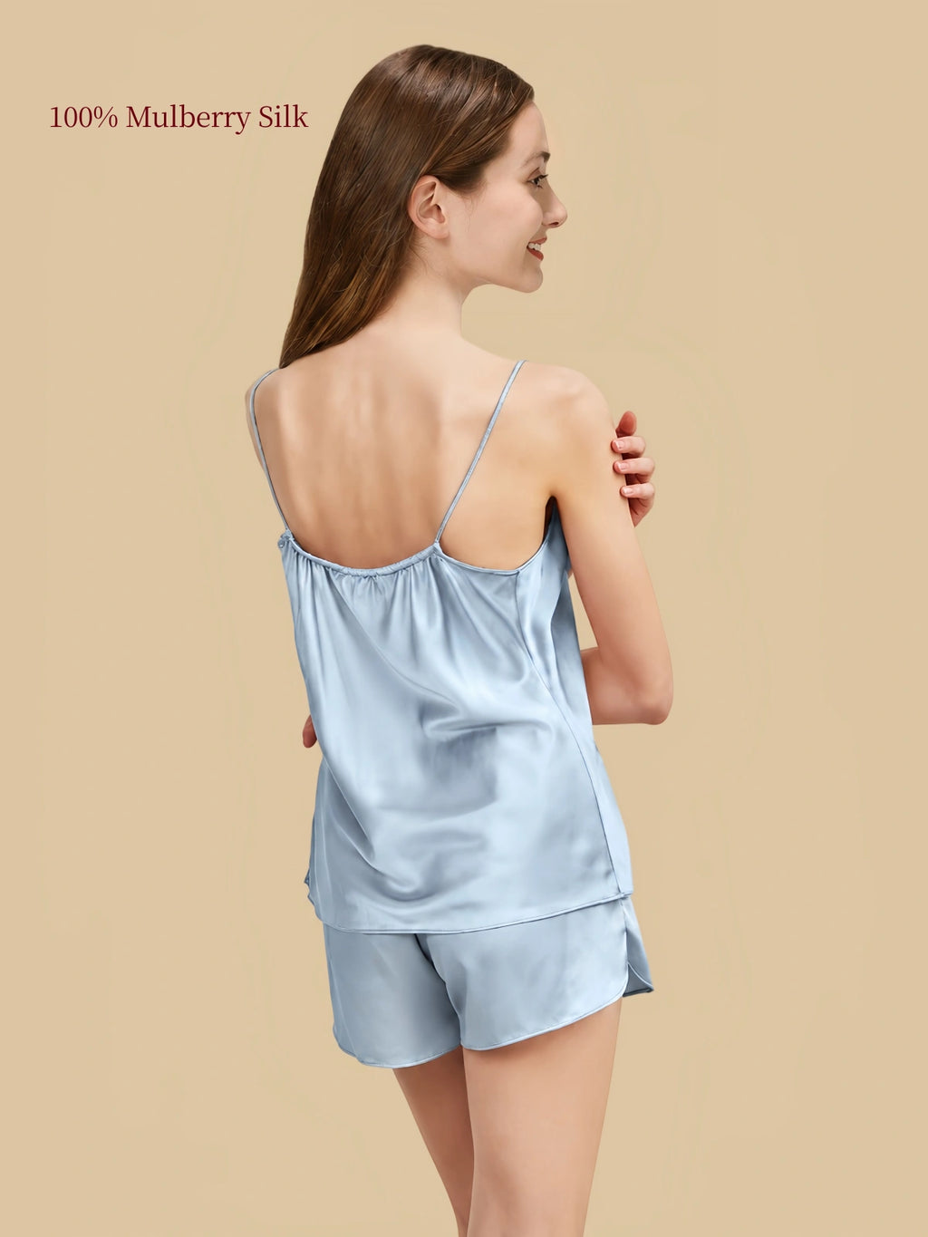 Back view of Ice Blue silk camisole set with gathered neckline