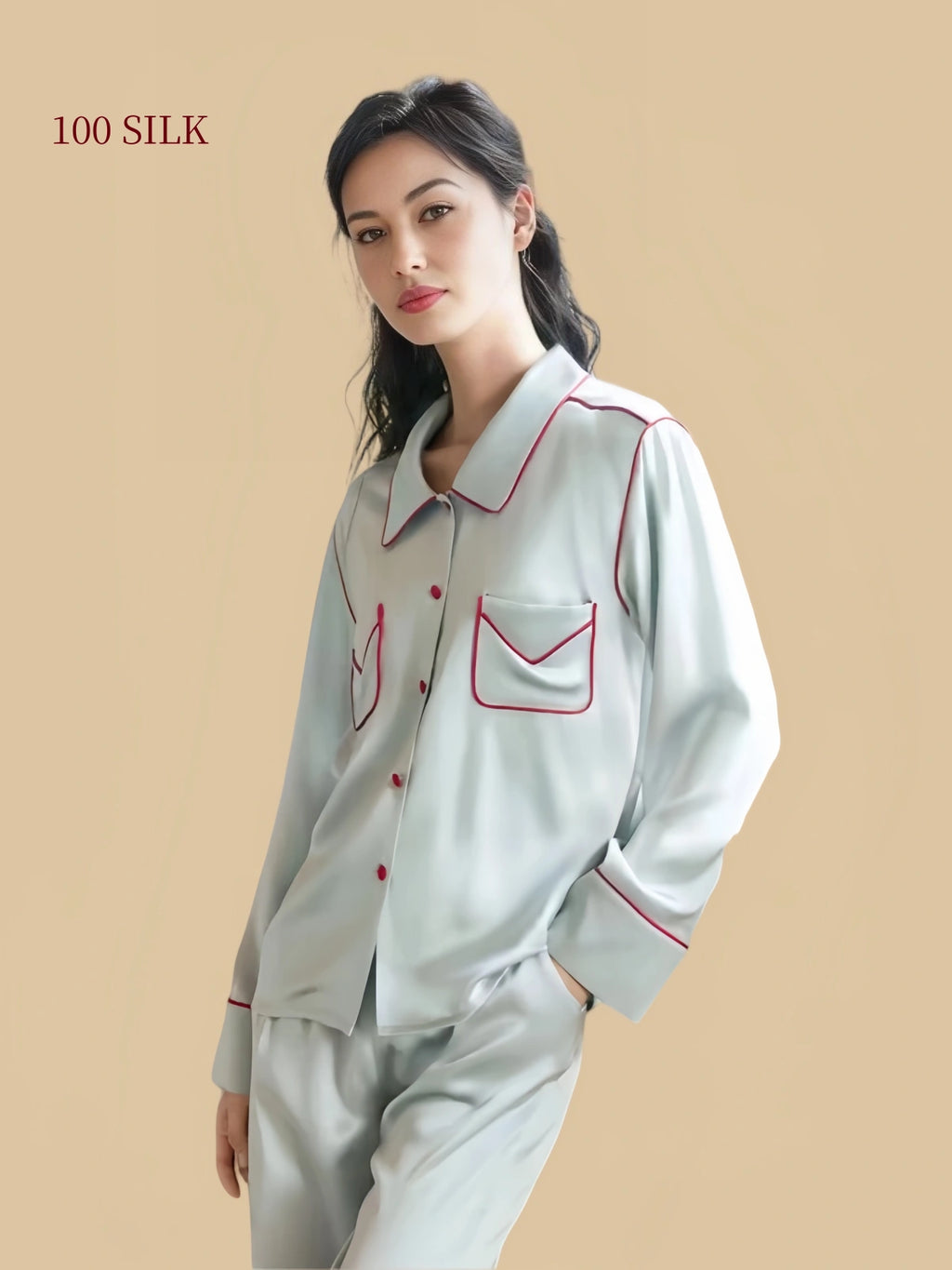 Silkgala Ice Green 19mm silk pajamas contrast-piped front view