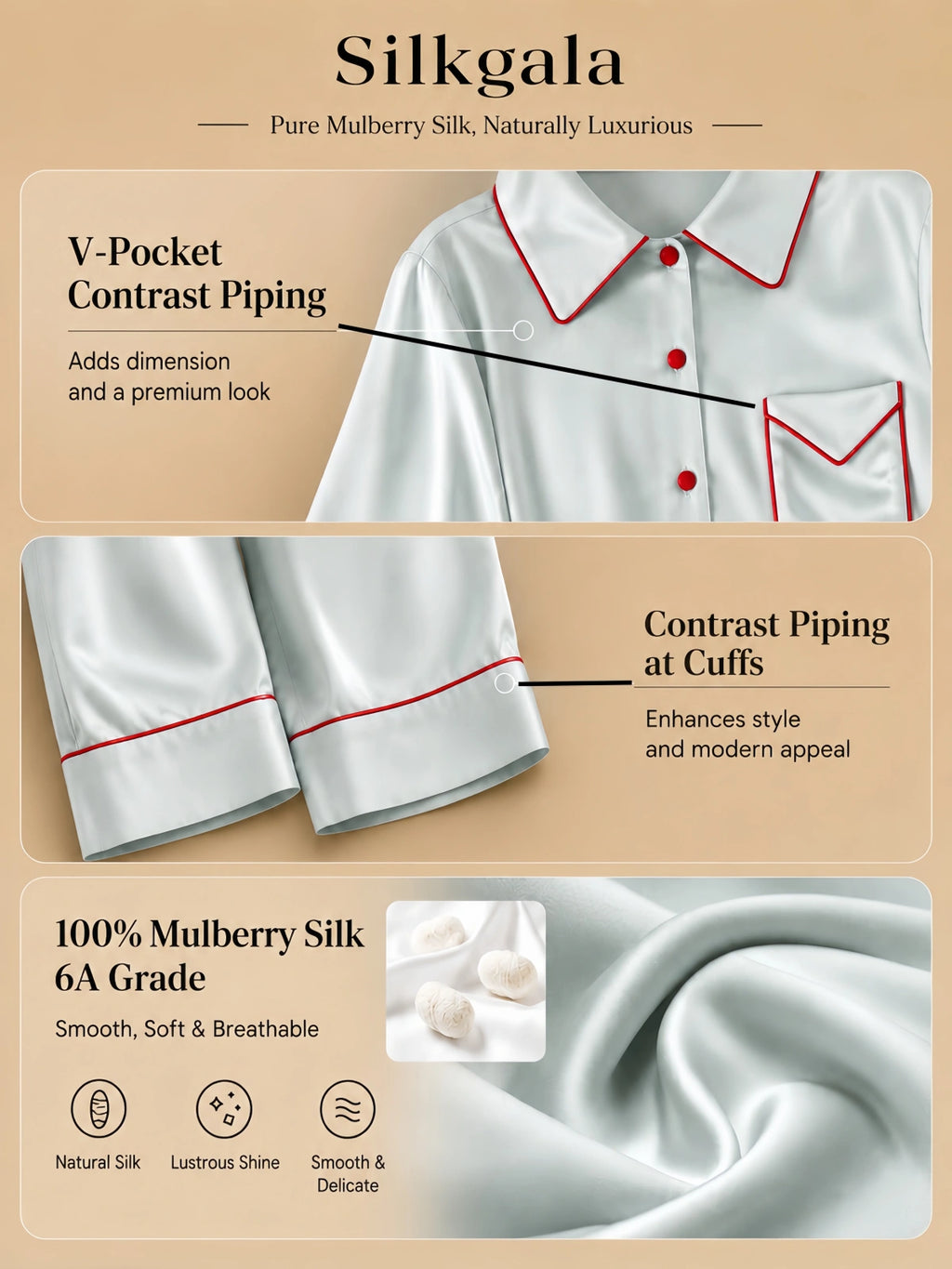 Silkgala Ice Green 19mm silk pajamas pocket cuff details