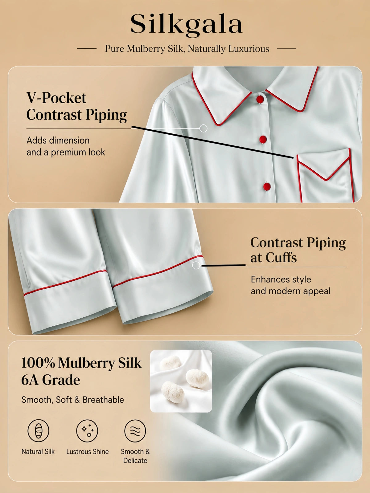 Silkgala Ice Green 19mm silk pajamas pocket cuff details