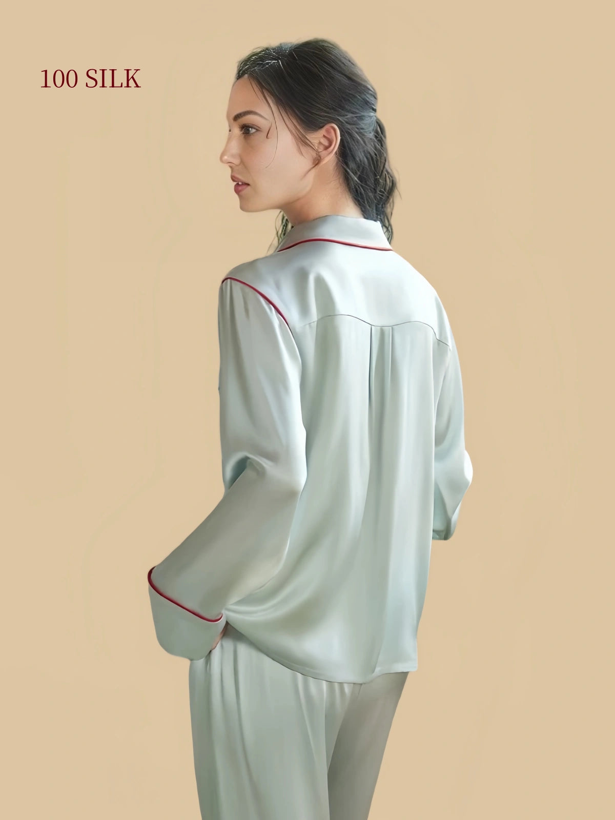 Silkgala Ice Green 19mm silk pajamas pleated back view
