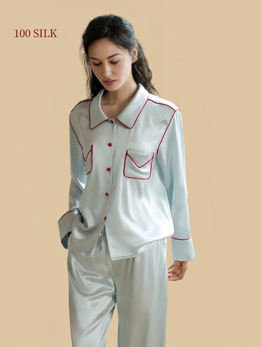 Silkgala Ice Green 19mm silk pajamas twin-pocket front view