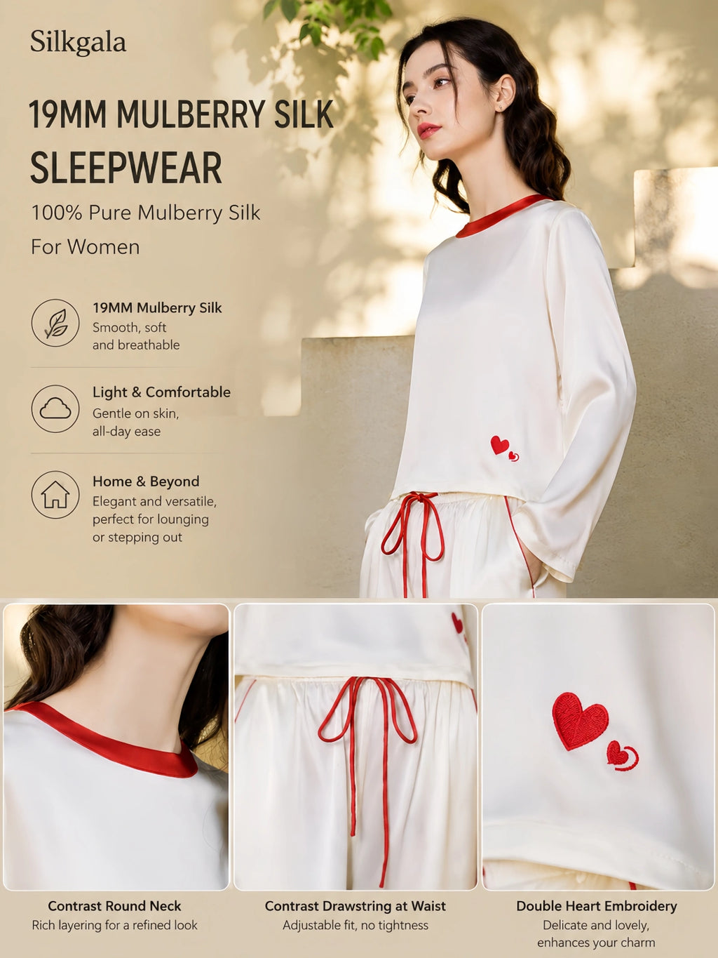 Ivory white 19mm mulberry silk pajamas details showing the contrast neckline, drawstring waist and heart embroidery