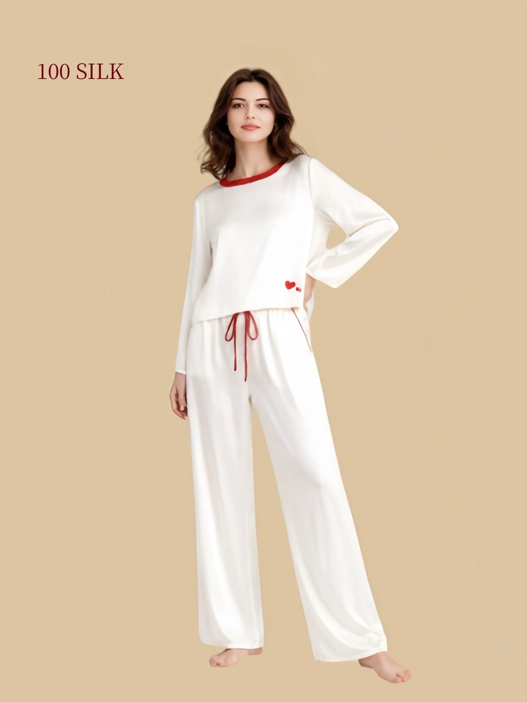 Ivory white 19mm round-neck silk pajamas full view with red trim and relaxed wide-leg pants