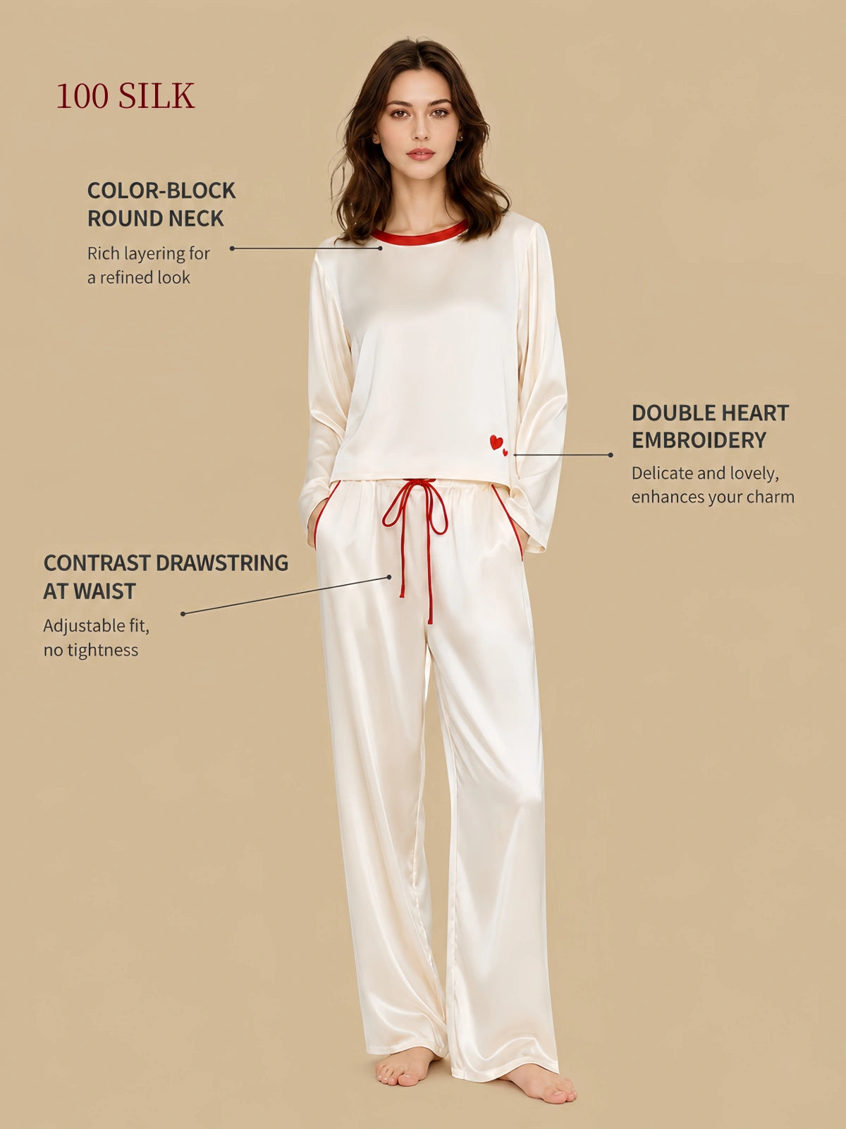 Ivory white 19mm silk pajamas front view with a red round neckline, double heart embroidery and contrast drawstring waist