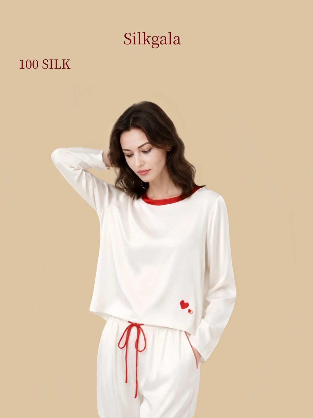 Ivory white 19mm silk pullover pajamas with red round neckline, heart embroidery and drawstring pants
