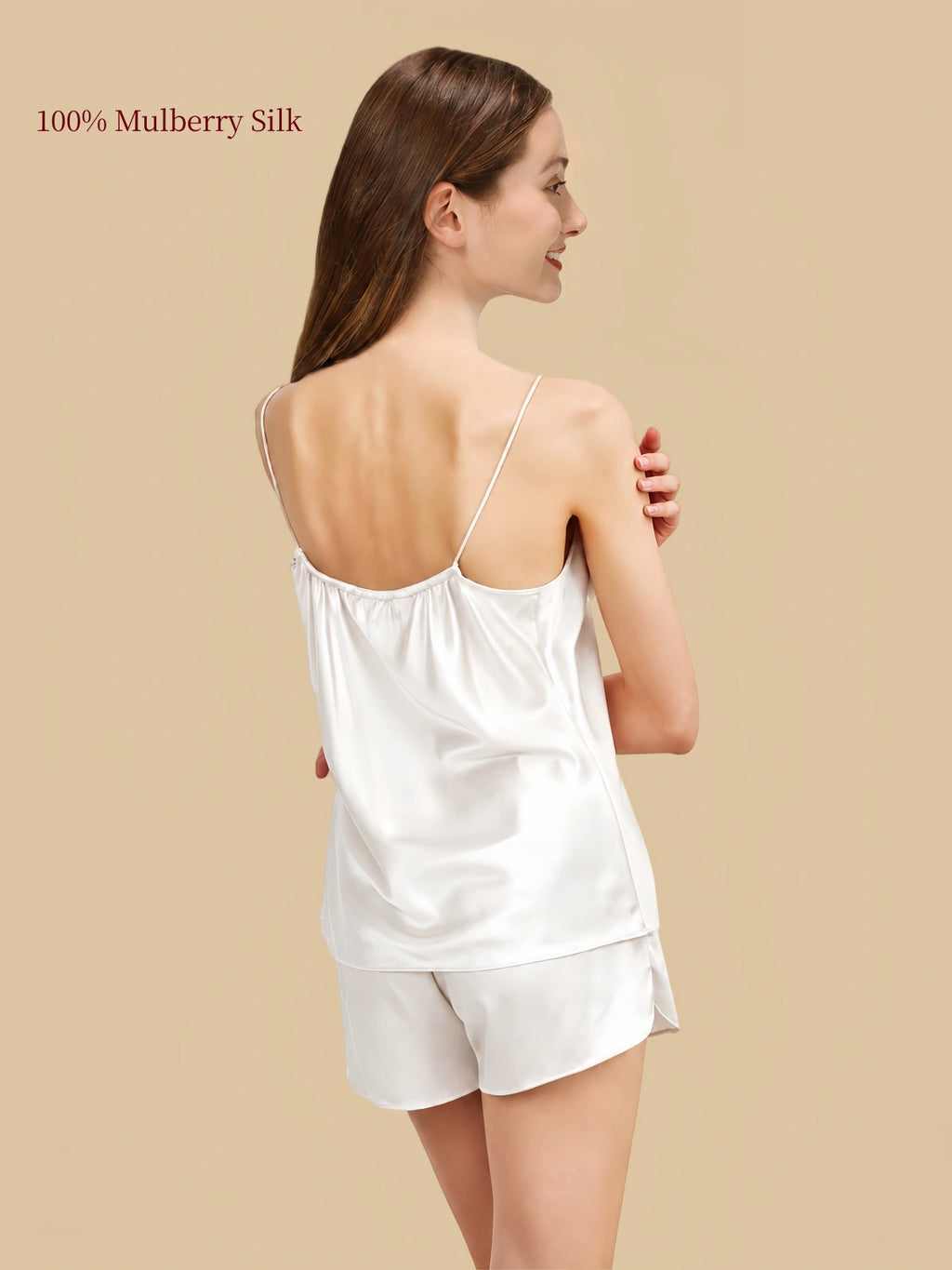 Back view of Ivory White silk camisole set with a softly ruched neckline